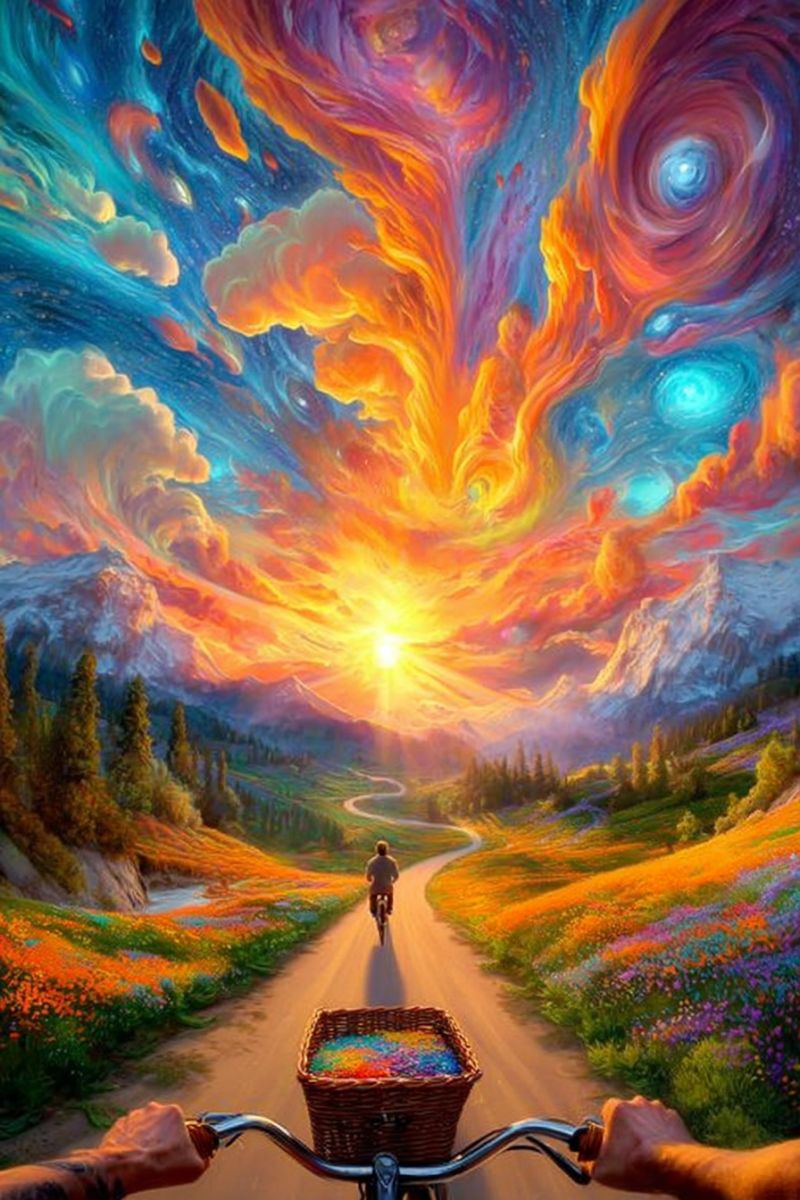 Montagne ciel fleurs route velo panier soleil nuages arbres colline eau nature Une personne fait du vélo sur une route sinueuse entourée de fleurs vibrantes. Le ciel au-dessus est un mélange vif d'orange, de rose et de bleu, avec des nuages tourbillonnants et un soleil brillant. Des montagnes aux sommets enneigés sont visibles au loin, et la scène est encadrée par des arbres et des buissons verts luxuriants. Le vélo a un panier rempli d'objets colorés à l'avant.