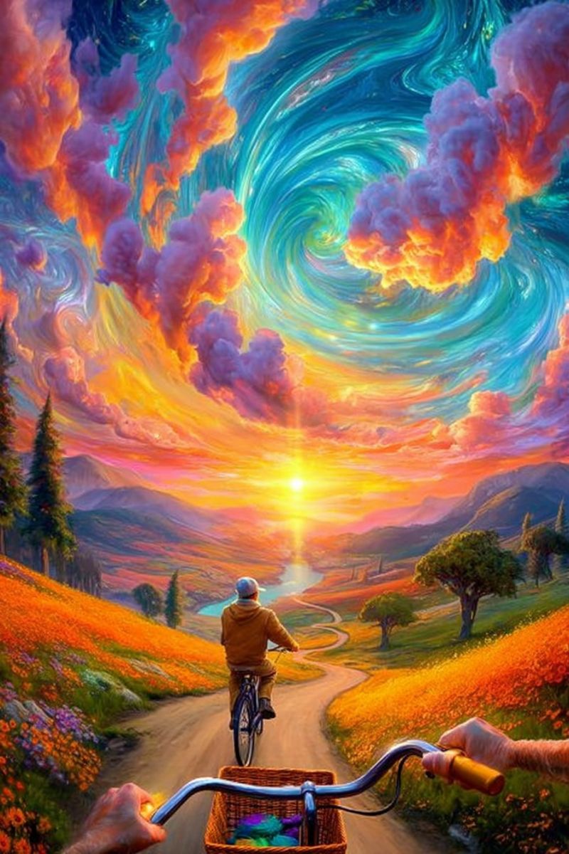 Painting road cyclist bicycle basket hand sun sky clouds mountains trees flowers river sunset orange purple blue green yellow A person rides a bicycle on a winding road surrounded by vibrant orange flowers. The sky above is a swirling mix of blue, orange, and yellow hues, creating a dreamy, almost surreal atmosphere. The rider wears a hat and a hoodie, and the bicycle has a basket in front. The scene is set in a picturesque landscape with trees and a river visible in the distance, under a setting sun that casts a warm glow over everything.