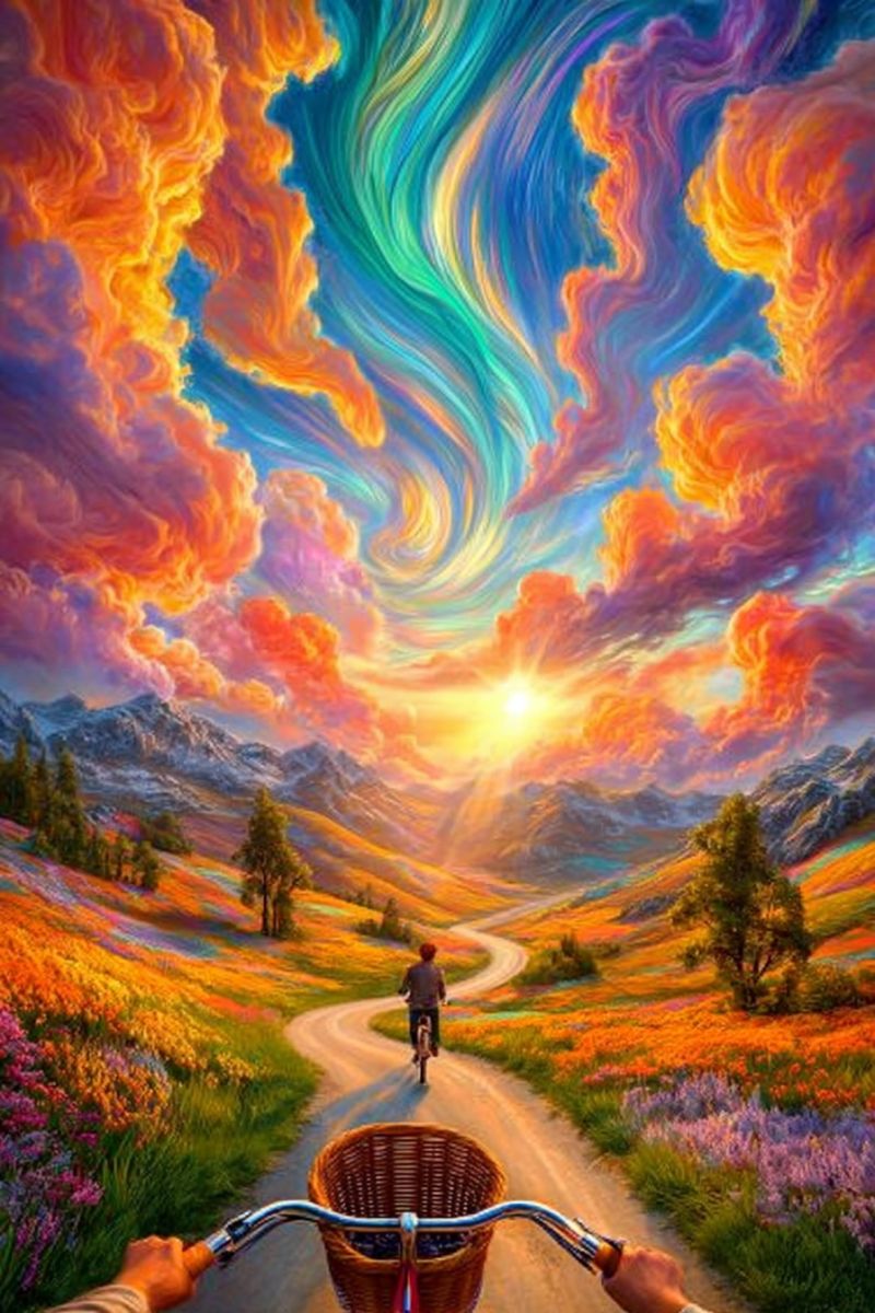 Painting road cyclist mountain flowers trees sky clouds sun autumn autumnal scenery season vibes weather wonderland A person rides a bicycle on a winding road surrounded by vibrant flowers. The sky above is a stunning blend of orange, yellow, and purple hues, with a bright sun peeking through. The road is flanked by lush greenery and trees, leading to a mountainous landscape in the distance. The scene is set in a picturesque valley, with the sun casting a warm glow over the entire scene.