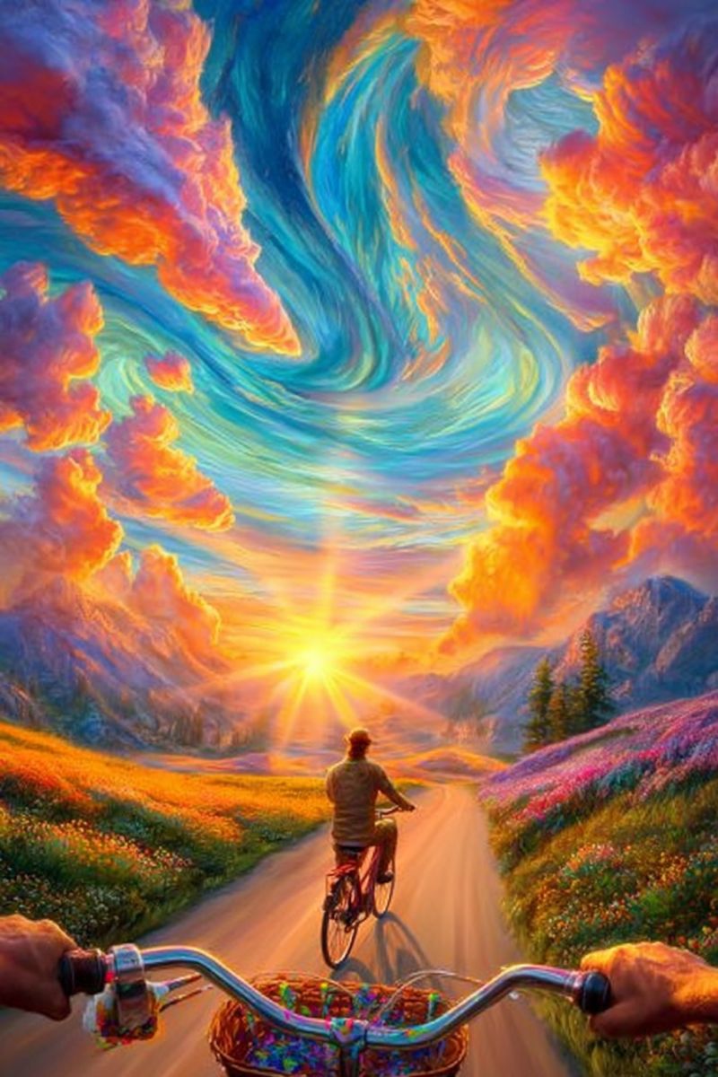 Painting bicycle cyclist cyclists A vibrant painting depicts a person riding a bicycle on a winding road surrounded by a colorful landscape. The sky is a blend of orange, yellow, and blue hues, with a bright sun rising in the distance. The road is flanked by lush, flowering fields and mountains in the background. The cyclist is wearing a jacket and pants, and the bicycle has a basket in front. The scene is filled with a sense of movement and energy, capturing the beauty of nature and the joy of cycling.
