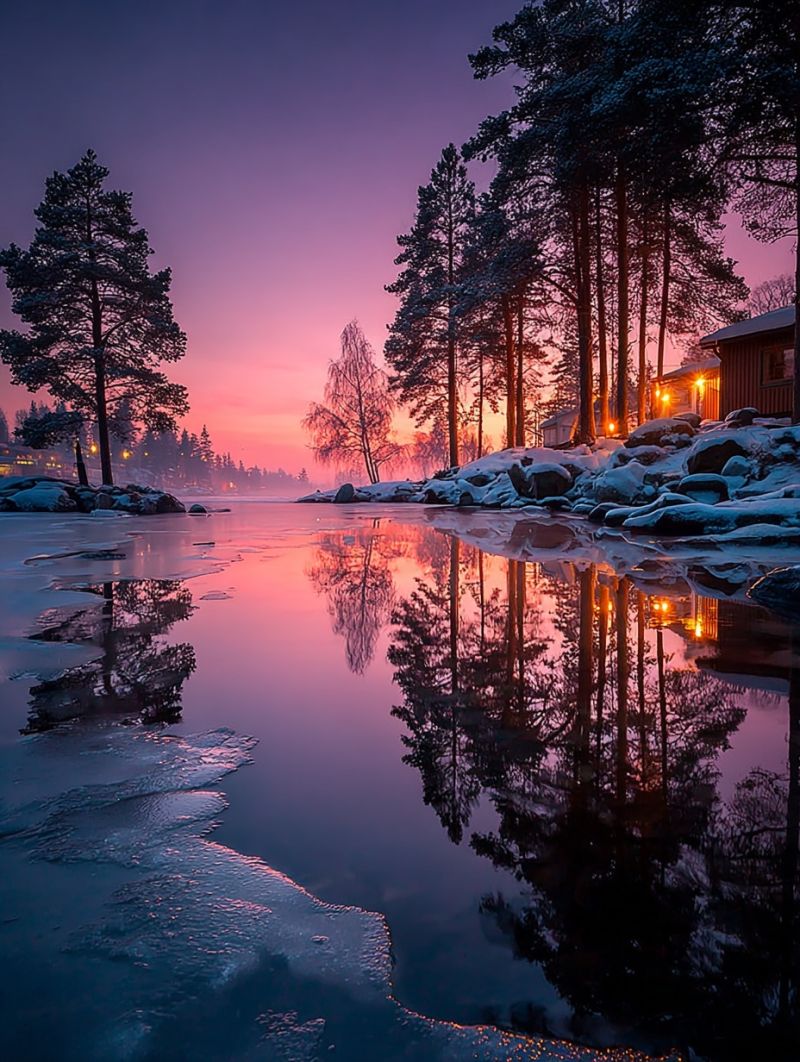 Lac reflet coucher soleil arbres eau hiver maison neige rochers ciel nuit gel froid soiree nature foret glace montagnes brouillard Paysage hivernal serein avec un lac gelé reflétant les teintes du ciel. Le ciel est un dégradé de rose et de violet, suggérant soit un coucher de soleil, soit un lever de soleil. De grands arbres persistants bordent le rivage, leurs reflets se mirant dans l'eau calme. La neige recouvre le sol et certains arbres, ajoutant à l'ambiance hivernale. Une petite cabane avec des lumières chaudes est visible sur le côté droit, nichée parmi les arbres. Les lumières de la cabane créent une lueur douillette contre le fond sombre. La scène globale est tranquille et pittoresque, capturant la beauté d'une soirée hivernale.