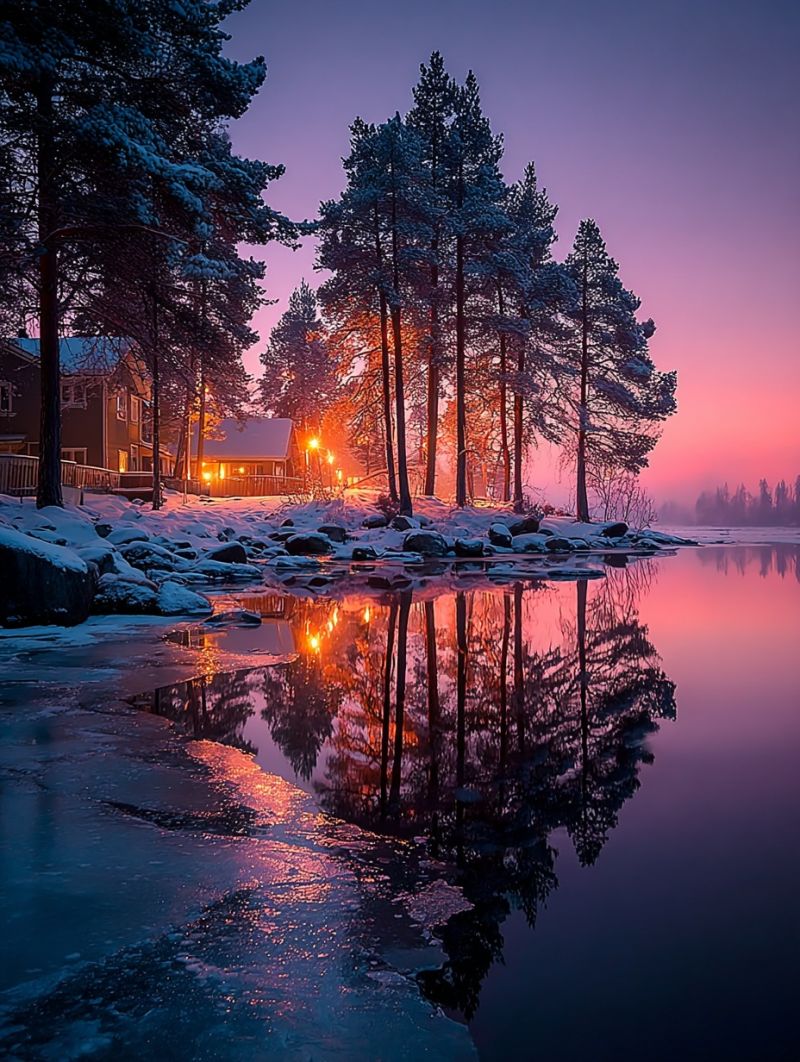 Lake reflection snow trees house night sky winter frost rocks water ice A serene winter landscape features a tranquil lake with a reflection of trees and a warm, orange-pink sky. Snow-covered trees line the shore, and a small cabin with lit windows stands in the background. The scene is illuminated by the soft glow of outdoor lights, creating a peaceful and cozy atmosphere.