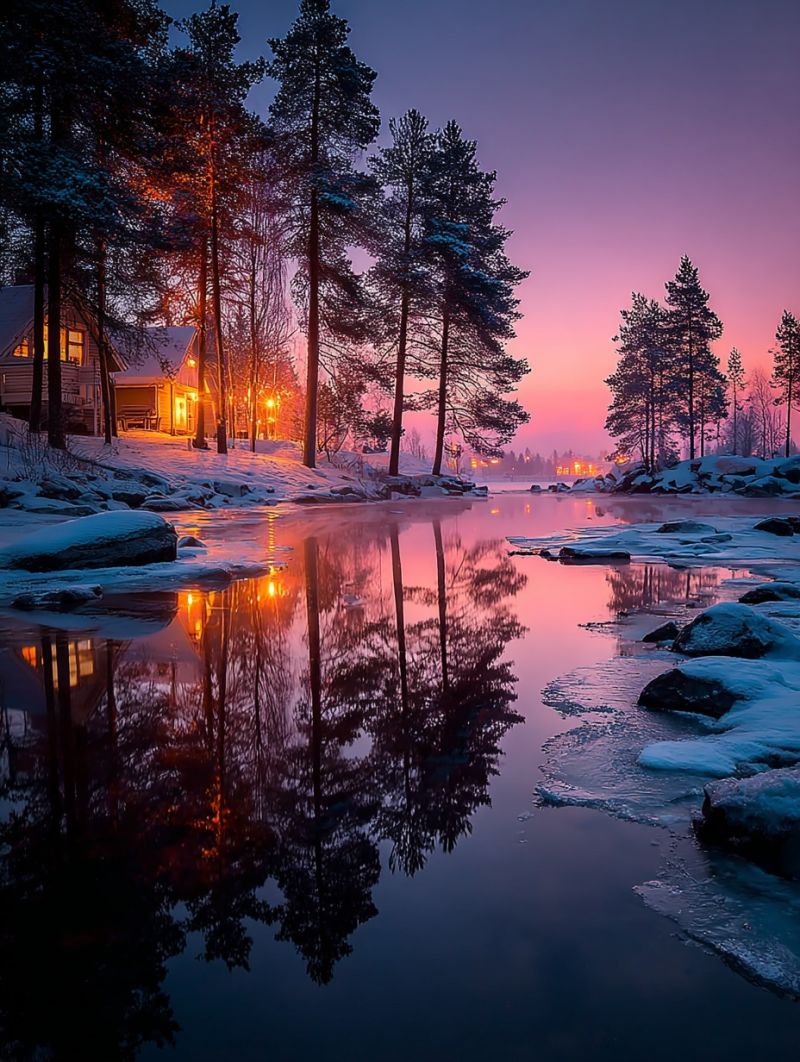Neige arbres reflet eau maison nuit ciel hiver gel rochers glace Un paysage hivernal serein présente un plan d'eau tranquille reflétant les teintes chaudes et rosées du coucher de soleil. L'eau est calme, avec de douces ondulations et les reflets des arbres et d'une maison. Les arbres, principalement des conifères, sont saupoudrés de neige, et leurs reflets se mirent dans l'eau. La maison, avec ses fenêtres éclairées chaleureusement, est nichée parmi les arbres. La neige couvre le sol et certains rochers, ajoutant à l'ambiance hivernale. Le ciel passe d'un violet profond à des teintes plus claires, indiquant le soleil couchant.
