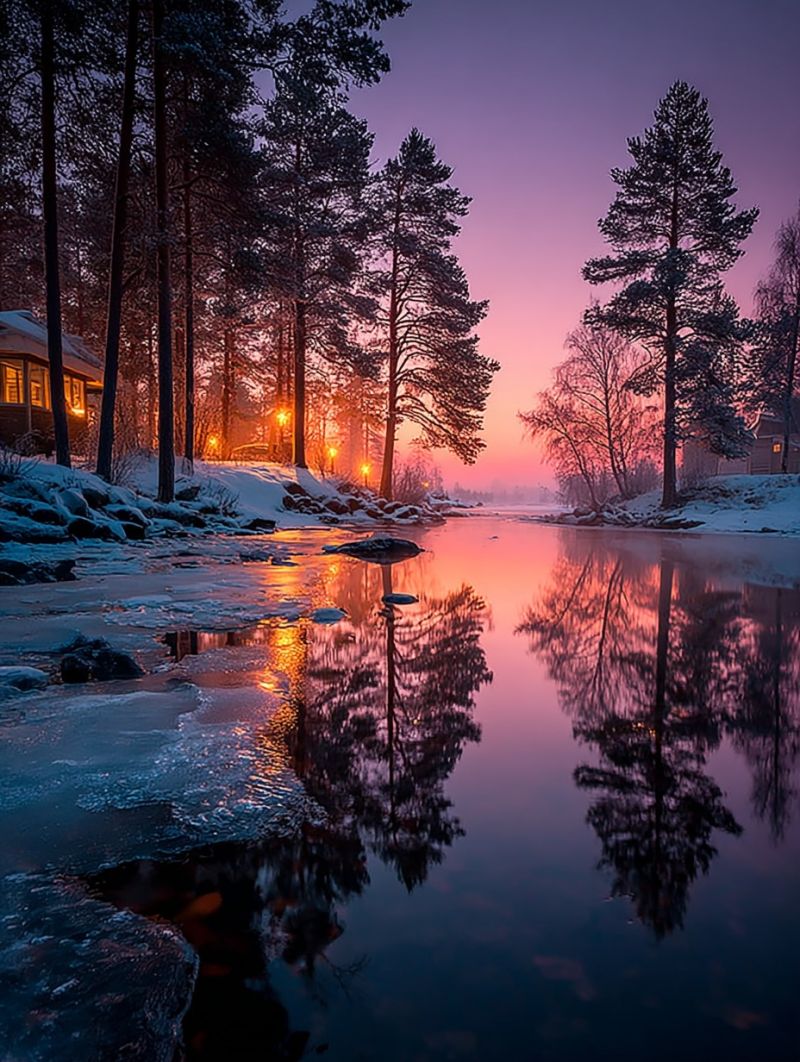 Coucher soleil reflexion eau arbres neige maison nature hiver soiree ciel gel rochers Paysage hivernal serein avec une rivière qui coule doucement à travers une forêt. Le ciel est d'un violet profond, passant à un rose doux près de l'horizon, indiquant soit l'aube soit le crépuscule. La rivière est calme, sa surface reflétant les couleurs du ciel et des arbres environnants. Les arbres, principalement des conifères, sont dénudés et se dressent haut, leurs reflets se mirant dans l'eau. La neige couvre le sol et certaines parties des arbres, ajoutant à l'ambiance hivernale. Sur le côté gauche, il y a une petite maison avec des lumières allumées, suggérant qu'elle est habitée. La scène globale est paisible et tranquille, avec une touche de chaleur provenant de l'éclairage doux.