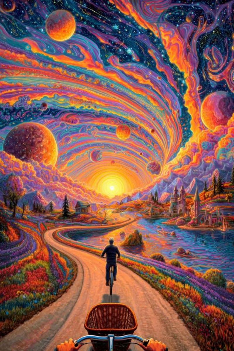 Painting road bicycle cyclist mountain river sky sun trees house flowers planets stars clouds water hill castle bridge colorful A man rides a bicycle on a winding road surrounded by vibrant, colorful flowers. The road leads to a serene river with a small island and a castle-like structure. The sky is a blend of swirling colors, including shades of orange, purple, and blue, with planets and stars scattered throughout. The scene is set against a back of mountains and a setting sun, casting a warm glow over the landscape.