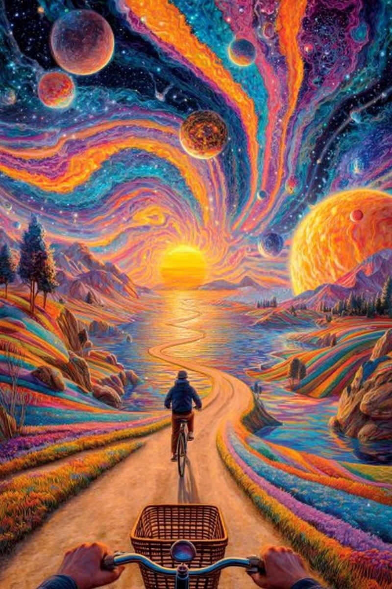 Bicycle cyclist cyclists road riding bicycles their bikes countryside sunset sunrise mountain distance lake foreground A person rides a bicycle on a winding road surrounded by vibrant, colorful flowers. The road leads to a serene body of water under a sunset sky filled with swirling colors and planets. The cyclist wears a blue jacket and pants, and the bicycle has a basket in front. The scene is set against a back of mountains and a distant horizon.