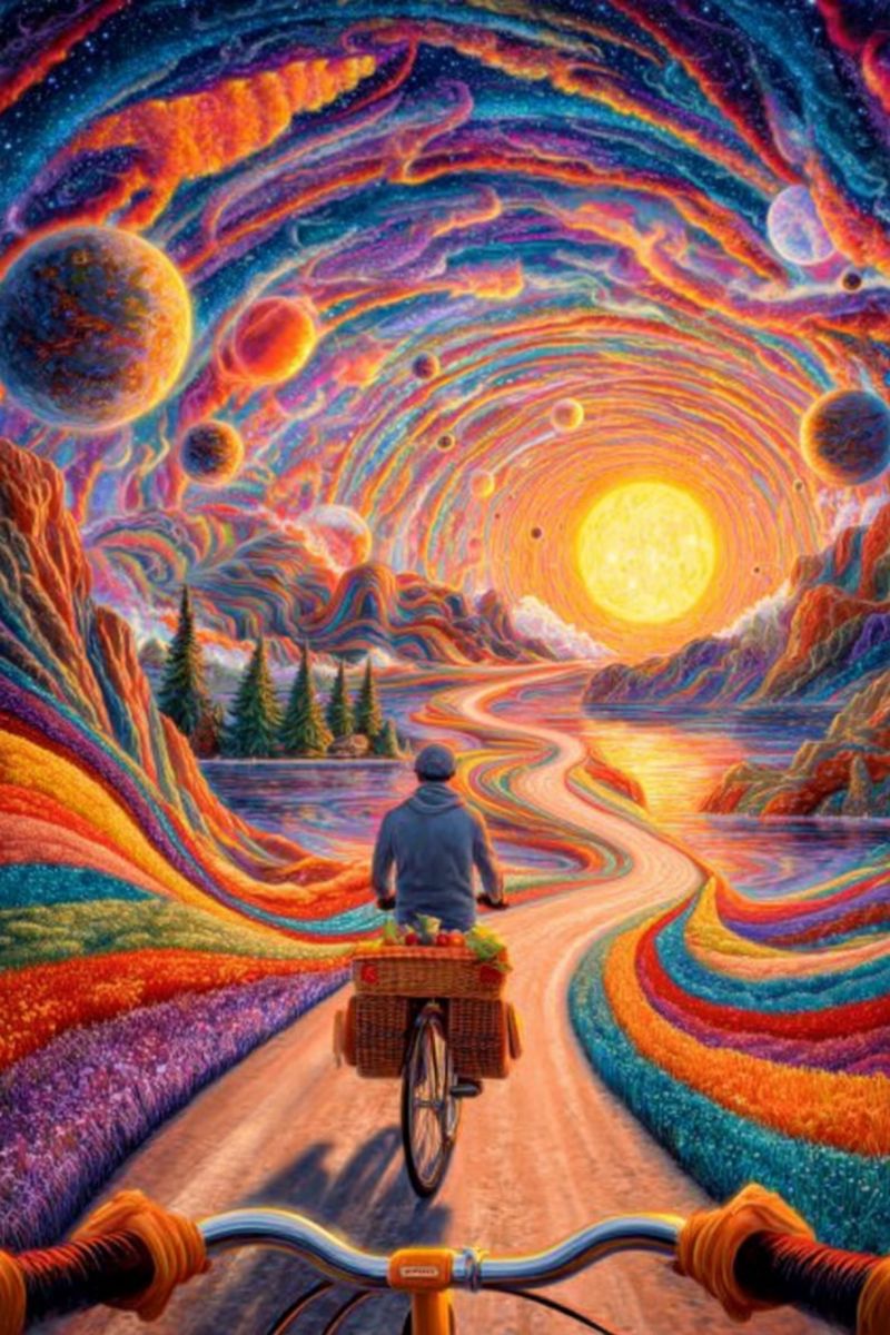 Bicycle cyclist road basket fruits mountains trees water sun sky planets stars painting colorful imaginative A man rides a bicycle on a winding road with vibrant, colorful stripes. The road is surrounded by fields of flowers in various colors. The sky above is a swirling mix of colors, resembling a cosmic scene with planets and stars. The sun is bright and yellow, positioned centrally in the sky. The man wears a hat and a hoodie, and there is a basket on the front of the bicycle filled with fruits. The background features a serene landscape with trees and mountains.