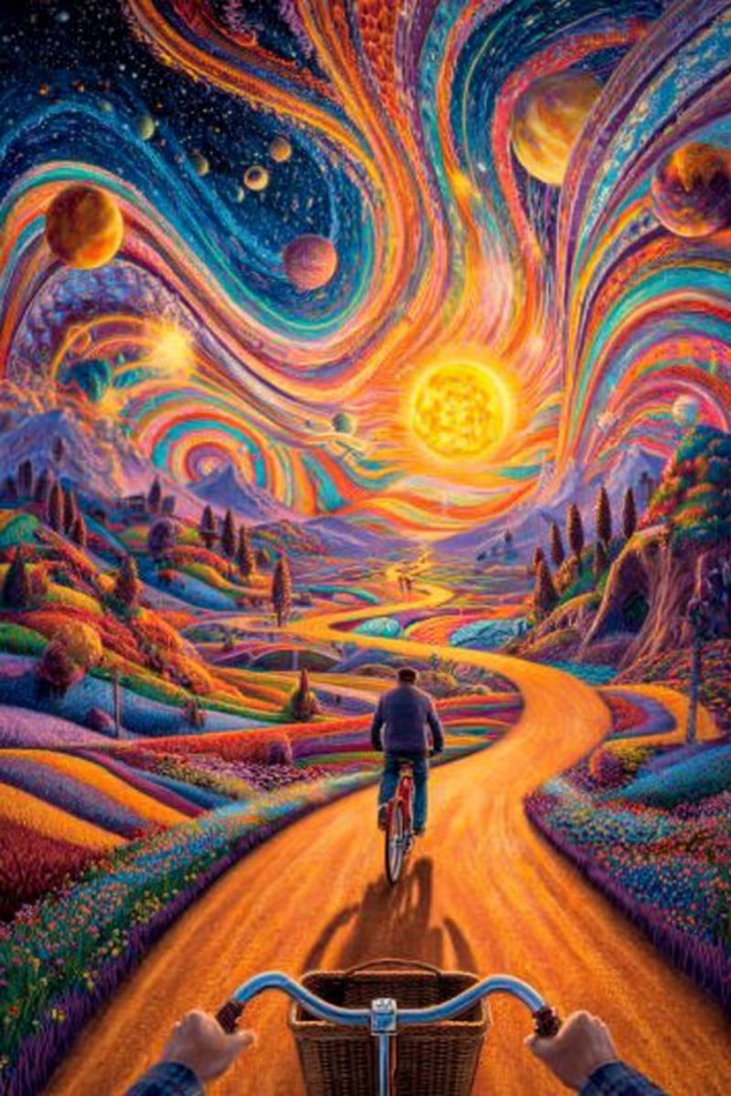 Painting bicycle road man flowers sun sky planets mountains trees hills valley colorful imagination dream vision exploration A man rides a bicycle down a winding road surrounded by vibrant, colorful landscapes. The road is flanked by fields of flowers in various colors, and the sky above is a swirling, psychedelic mix of colors with planets and stars scattered throughout. The sun is prominently displayed, radiating bright yellow light. The man wears a dark jacket and pants, and the bicycle has a wicker basket in front. The scene is lively and full of movement, with a sense of exploration and adventure.