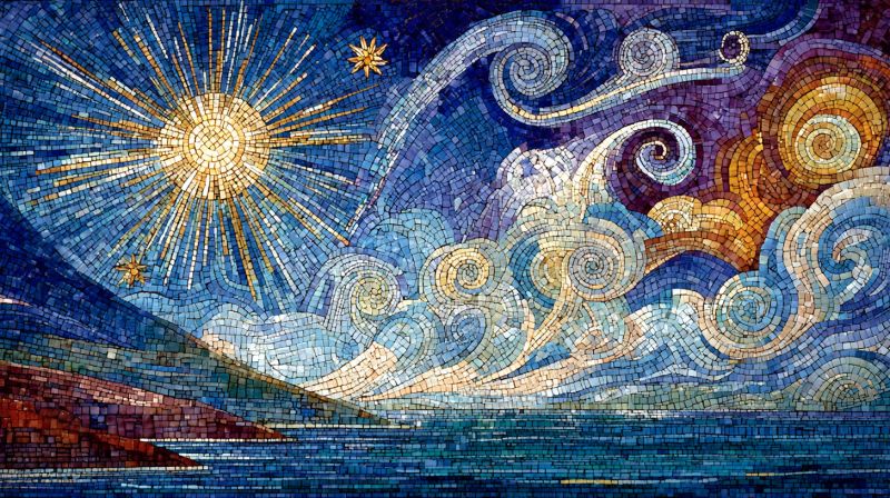 Mosaic sun sky clouds stars water mountains nature colorful design pattern geometric tiles decorative painting Oeuvre d'art en mosaïque vibrante représentant une scène de ciel. Au centre, il y a un soleil radieux avec des rayons dorés s'étendant vers l'extérieur, entouré d'une mosaïque de nuages bleus et blancs. Le soleil est entouré de plus petites étoiles, ajoutant au thème céleste. Le ciel passe d'un bleu profond à des teintes plus claires, avec des motifs tourbillonnants de nuages et de spirales de diverses couleurs, y compris le jaune, l'orange et le violet. Sous le ciel, il y a un corps d'eau serein, peut-être une mer ou un océan, avec de douces vagues représentées dans des nuances de bleu et de vert. La ligne d'horizon est marquée par une silhouette de montagnes, ajoutant de la profondeur au paysage. La composition globale est riche en couleurs et en textures, créant une scène dynamique et visuellement captivante