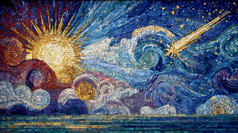 Mosaique soleil ciel nuages etoiles comete nuit jour eau horizon vagues design geometrique espace univers oeuvre d'art en mosaïque vibrante représentant une scène céleste. Au centre, il y a un soleil radieux avec des rayons dorés s'étendant vers l'extérieur, entouré d'un mélange de teintes rouges et jaunes. Le soleil est placé sur un fond de nuages tourbillonnants aux nuances de bleu, blanc et gris. À droite, une traînée jaune brillante ressemblant à une comète ou à des traînées de météores traverse le ciel, accompagnée de plusieurs petites étoiles. Le ciel passe du côté lumineux et ensoleillé à un côté nuit plus sombre et étoilé, la comète ajoutant un élément dynamique à la scène. Le bas de la mosaïque montre une mer calme, le ciel et la mer se fondant harmonieusement l'un dans l'autre. La composition globale est riche en couleurs et en détails, capturant la beauté et le mouvement du monde naturel.