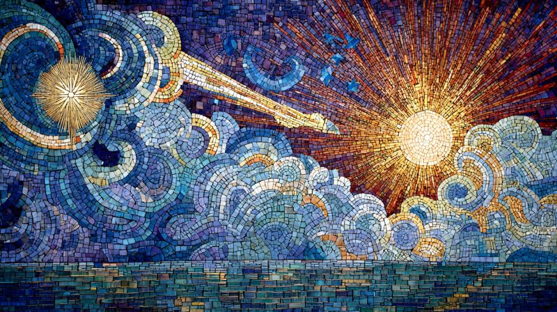 Mosaic sun clouds sky rays stars comet space water reflection horizon patterns geometric design texture Oeuvre d'art en mosaïque vibrante représentant une scène céleste. Au centre, il y a un soleil radieux avec des rayons s'étendant vers l'extérieur, entouré d'une explosion de couleurs chaudes, dorées et orange. Le soleil est placé sur un fond de nuages tourbillonnants aux teintes de bleu, gris et blanc. Au-dessus du soleil, il y a une grande étoile dorée avec des rayons qui en émanent, ajoutant au thème céleste. Le ciel est rempli de motifs et de formes complexes, créant une apparence dynamique et texturée. Sous le soleil et les nuages, il y a un corps d'eau serein, peut-être une mer ou un océan, avec de douces vagues représentées dans des teintes de bleu et de vert. La composition globale est riche en couleurs et en détails, capturant la beauté et la complexité du monde naturel