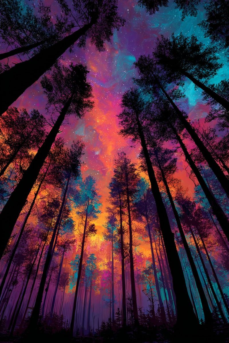 Foret ciel nuit arbres etoiles nature fantaisie reve espace galaxie Forêt avec de grands arbres élancés qui s'étendent vers le haut, leurs branches s'étirant et s'entrelaçant pour former une canopée dense. Le ciel au-dessus est une tapisserie vibrante de couleurs, passant des violets et bleus profonds en haut aux oranges et roses ardents à mesure qu'il descend. Les couleurs se mélangent harmonieusement, créant un effet onirique. Le ciel est parsemé d'étoiles, ajoutant une touche de réalisme à la scène par ailleurs fantastique. Les arbres sont d'un vert foncé, contrastant fortement avec le ciel coloré, et leurs troncs sont épais et robustes, soutenant la végétation luxuriante au-dessus. L'atmosphère générale est mystique et irréelle, comme si la forêt était une porte d'entrée vers une autre dimension.
