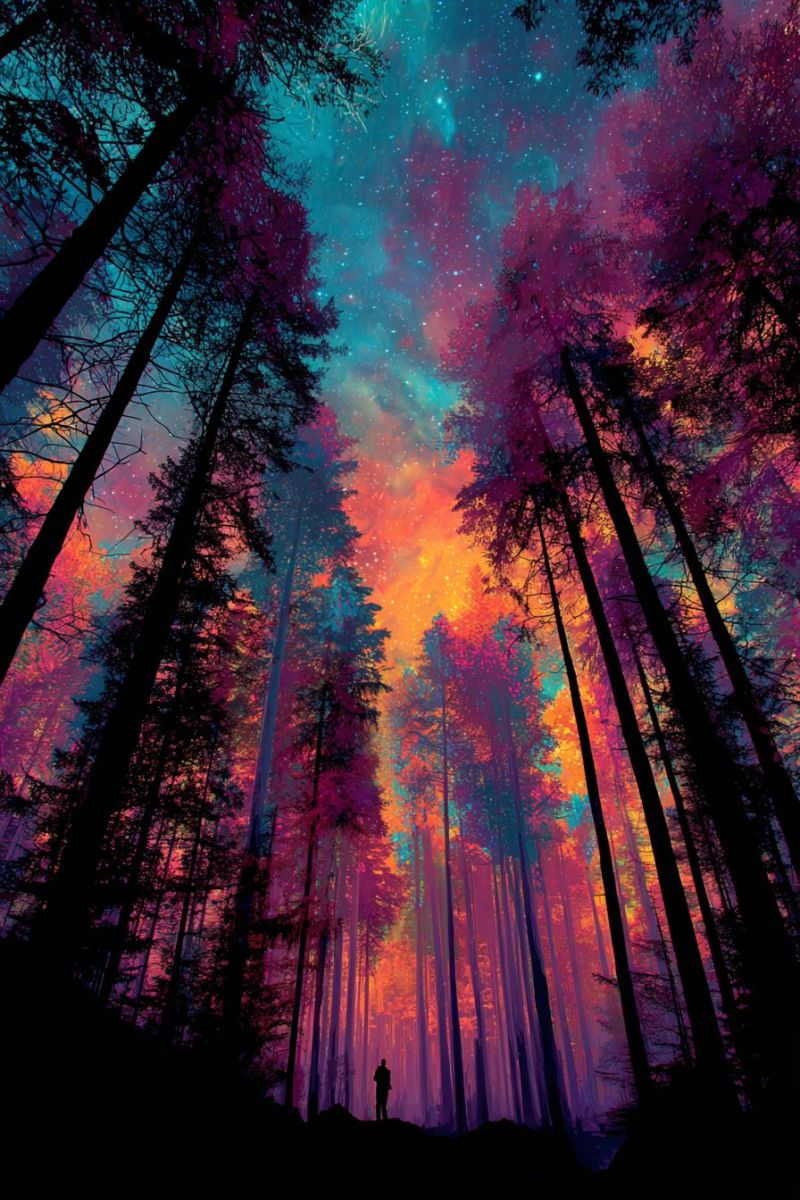Forest night sky trees stars nighttime dark tips a person stands in a dense forest at night. The trees are tall and their leaves are illuminated by a vibrant, multicolored sky. The sky transitions from deep purples and blues at the top to warm oranges and pinks at the bottom, creating a surreal and magical atmosphere. The person is silhouetted against the colorful backdrop, adding to the mysterious and enchanting feel of the scene.