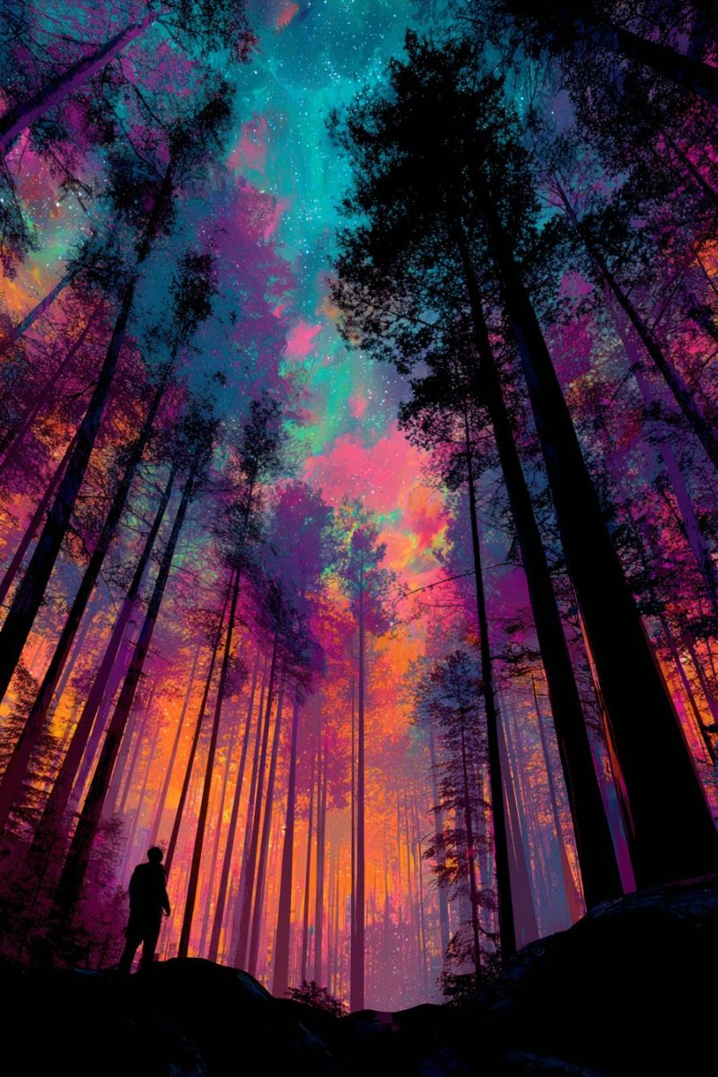 Foret nuit ciel arbres homme rocher montagne etoiles nuages aurore neon lueur fantaisie Dans une forêt surréaliste, de grands arbres aux troncs sombres et aux feuilles vives et colorées dominent le paysage. Le ciel au-dessus est un mélange fascinant de violets, de roses et de bleus, ressemblant à une nébuleuse parsemée d'étoiles. La silhouette d'une personne se tient sur un rocher au bord de la forêt, regardant vers le haut. Le sol de la forêt est sombre, et les feuilles des arbres reflètent les couleurs du ciel, créant une atmosphère magique et irréelle.