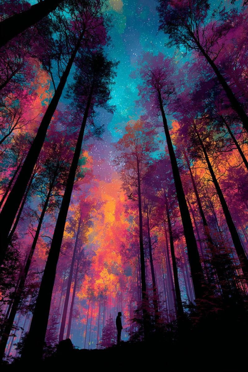 Forest trees night sky stars standing mountain rock rocks rocky mountains cliff cliffs In a dense forest, tall trees with vibrant, multicolored leaves dominate the scene. The leaves range from deep purples to bright oranges and yellows, creating a surreal and colorful landscape. The sky above is a blend of deep blues and purples, dotted with stars that twinkle softly. A silhouette of a person stands in the foreground, gazing upwards at the sky, adding a sense of scale and presence to the scene. The overall atmosphere is mystical and otherworldly, with the forest and sky creating a dreamlike environment.