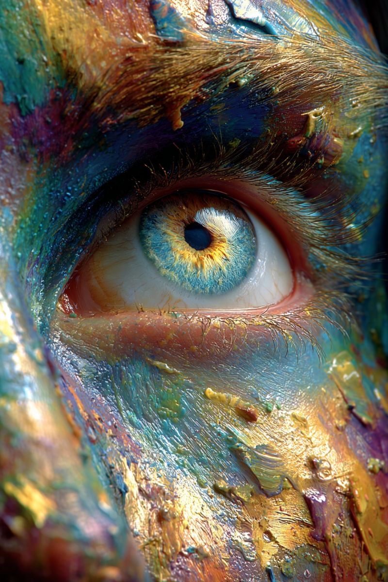 Eye painting texture brushstrokes creative expression imagination contrast pattern layer technique visual Une vue rapprochée d'un oeil humain, avec l'iris et la pupille bien visibles. L'oeil est entouré d'un motif coloré et complexe de couleurs, incluant des nuances de bleu, vert, jaune et orange. Les couleurs semblent être appliquées au pinceau, créant un effet texturé et artistique. L'oeil lui-même a une teinte bleue saisissante, avec une pointe de jaune autour de la pupille. Les cils sont longs et épais, ajoutant à l'effet dramatique de l'image. La composition globale est visuellement captivante, avec l'oeil se détachant sur le fond coloré