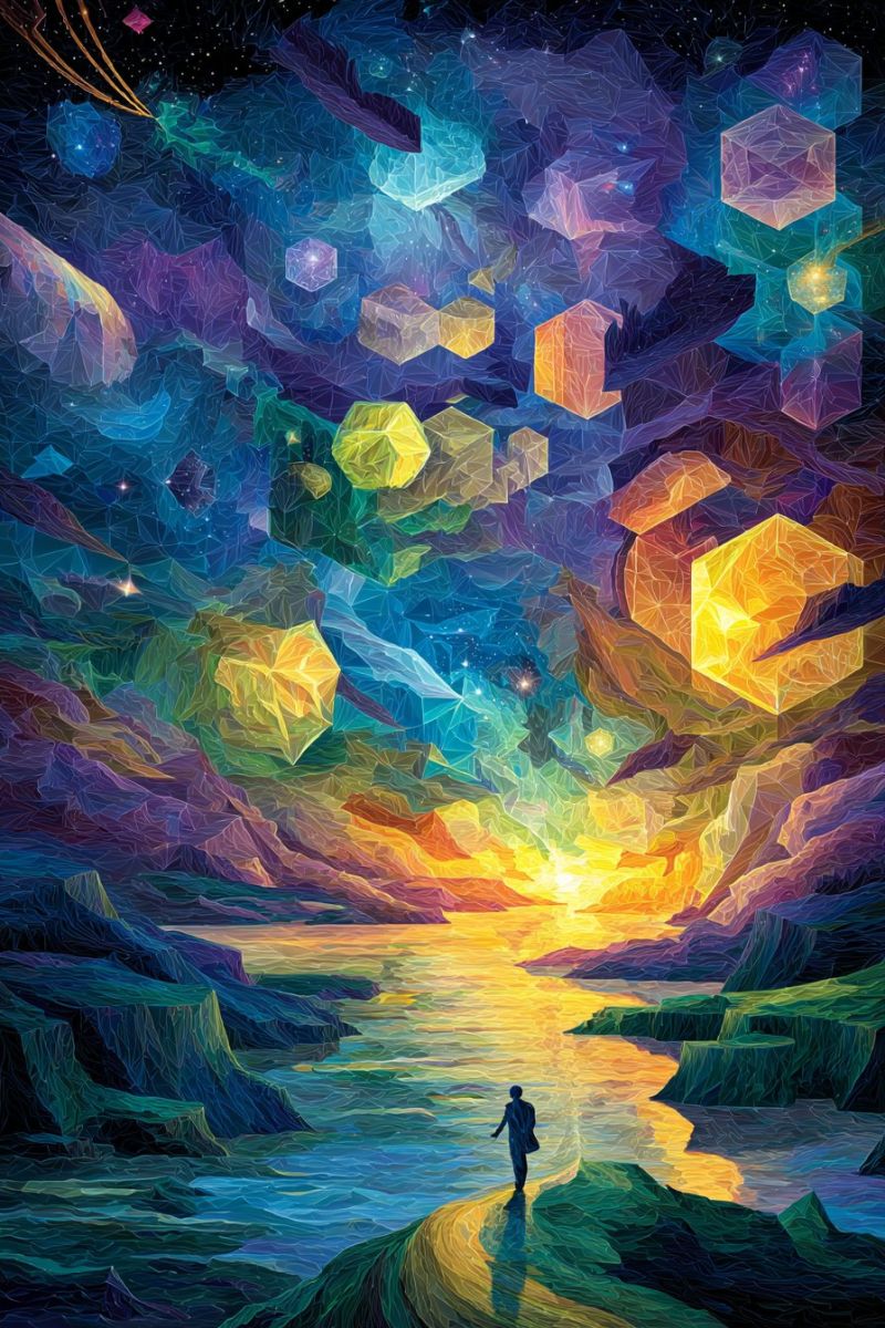 Beach colorful concept design fantasy geometric geometrical imagination modern mosaic ocean painting shapes surreal landscape with a person standing on a narrow path between two rocky cliffs. The sky above is a vibrant mix of blues, purples, and yellows, with geometric shapes floating in the air. These shapes are crystalline and appear to be made of glass, reflecting the colors of the sky. The sun is setting on the horizon, casting a warm glow over the water and the path. The water is calm and reflects the colors of the sky and the setting sun. The person is standing with their back to the viewer, looking out at the sunset.