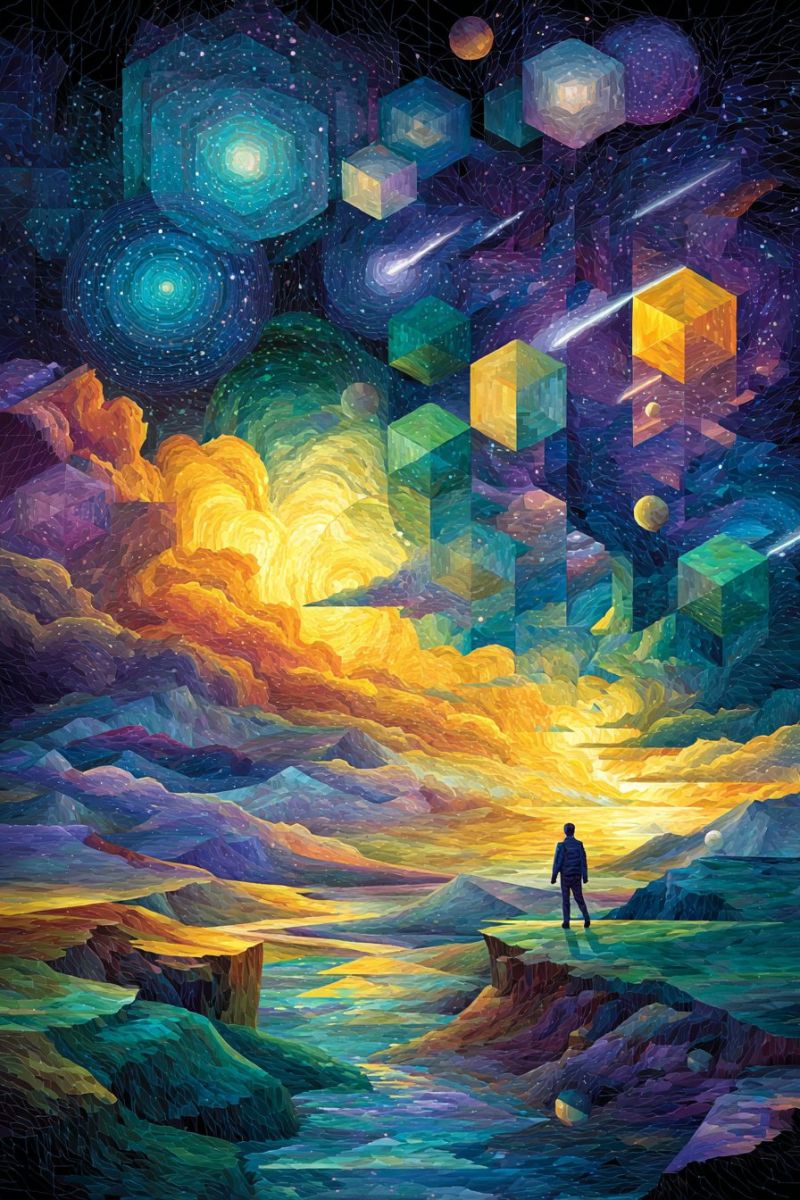 Clouds colorful concept cubes dream dreamlike fantasy geometric imagination modern mosaic painting Dans cette oeuvre d'art vibrante et surréaliste, une seule silhouette se tient sur une falaise surplombant un vaste paysage irréel. Le ciel est un mélange de bleus profonds, de violets et de jaunes, avec un soleil couchant qui projette une lueur chaleureuse. Des formes géométriques, y compris des cubes et des sphères, flottent dans le ciel, ajoutant une touche futuriste. Le sol en dessous est un mélange de bleus profonds et de verts, avec une rivière serpentant à travers le terrain. La scène globale est un mélange d'éléments naturels et artificiels, créant une atmosphère onirique
