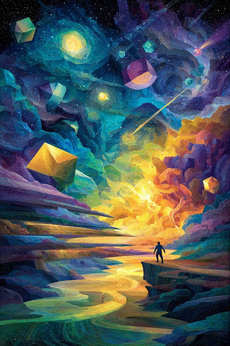 Colorful concept cosmic cosmos cube cubes dream dreamlike dreams energy fantasy geometric glow glowing illusion imagination surreal landscape with a person standing on a cliff edge overlooking a vast, colorful valley. The valley is filled with a mix of vibrant colors, including yellows, oranges, and purples, creating a gradient effect. The sky above is a deep blue with swirling patterns and scattered stars. Floating in the sky are various geometric shapes, such as cubes and spheres, in different colors. The ground below the person is rocky and textured, with a river flowing through the valley. The overall scene is highly detailed and imaginative, blending elements of nature and abstract art.