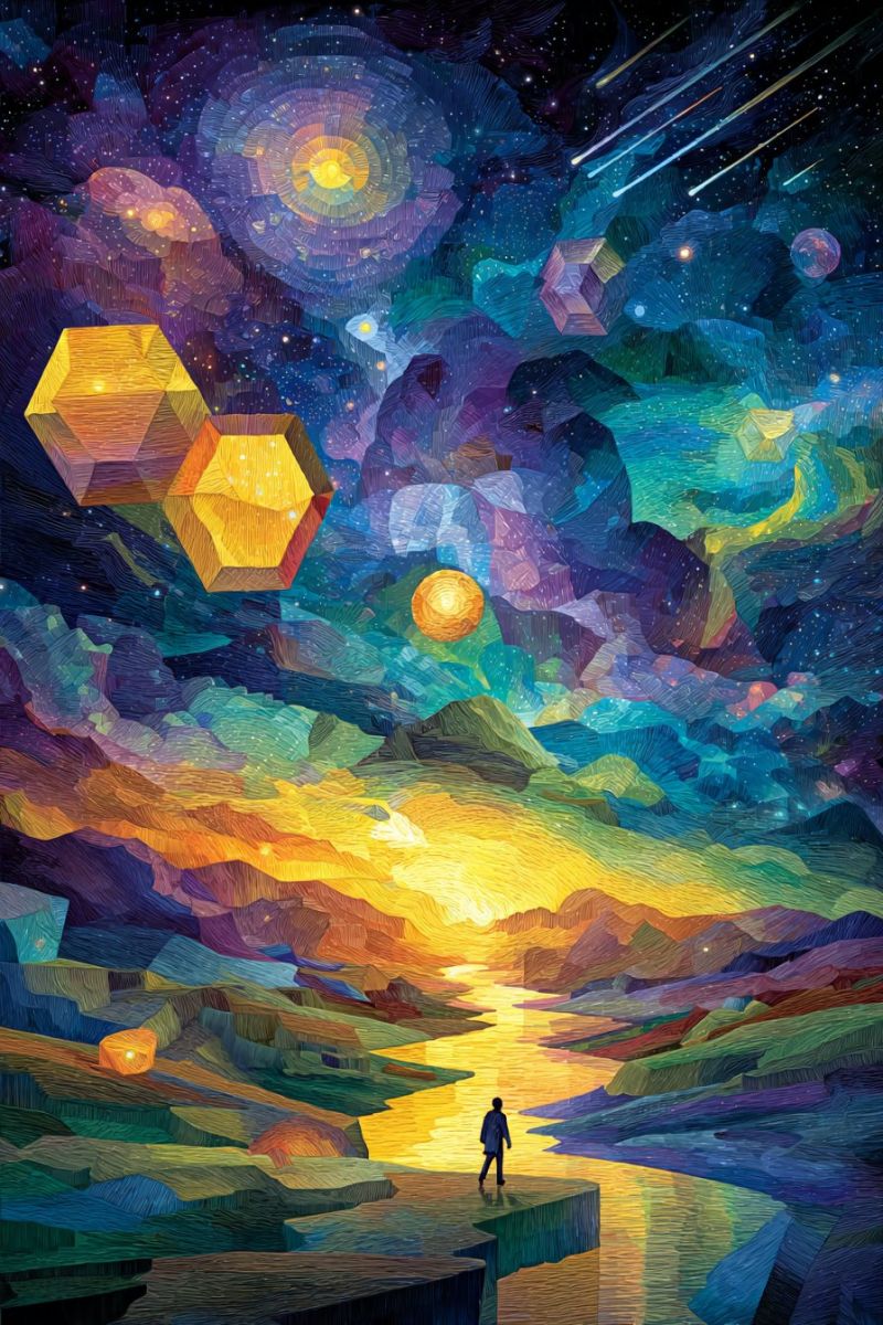 Colorful concept cosmic cosmos crystal cube design dream dreamlike fantasy geometric imagination modern Dans cette oeuvre d'art vibrante et surréaliste, une seule figure se tient au bord d'une falaise, contemplant un paysage fantastique. Le ciel au-dessus est un mélange tourbillonnant de violets profonds, de bleus et de jaunes, avec des formes géométriques et des étoiles dispersées. Dans le ciel flottent de grands cubes jaunes et violets qui brillent, ajoutant à l'ambiance irréelle. En dessous, la terre est un mélange de rochers colorés et irréguliers et d'une rivière qui coule avec une teinte dorée, reflétant le coucher du soleil. La rivière mène à un horizon lointain où le ciel rencontre la terre, créant un sentiment de profondeur et d'émerveillement