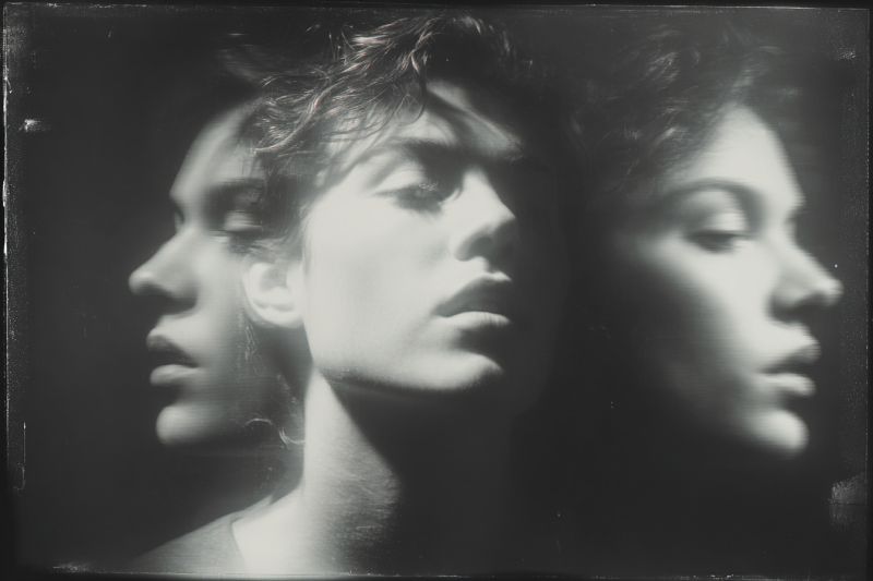 Femme beaute L'image présente trois profils superposés du visage d'une femme en noir et blanc. La femme a les cheveux courts et ondulés et regarde droit devant les yeux fermés. Le profil le plus à gauche est légèrement flou, tandis que les profils du milieu et le plus à droite sont plus nets. Le visage de la femme est éclairé par une source de lumière, projetant des ombres sur son visage et créant un effet dramatique. Le fond est sombre, et l'image a un aspect vintage ou old-fashioned.