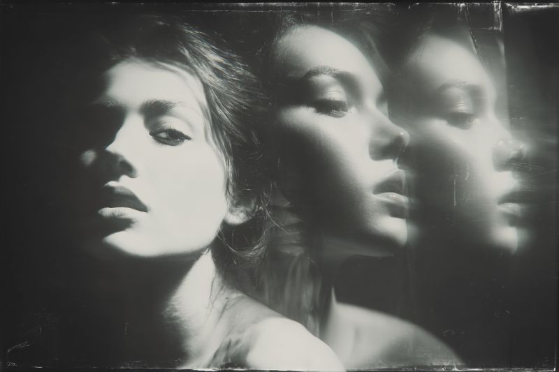 Reflexion miroir beaute glamour elegant chic classique vintage studio eclairage expression ambiance Visage de femme, capturé en gros plan. Son visage est légèrement incliné, et elle a les yeux fermés, donnant une expression sereine et contemplative. Ses lèvres sont légèrement entrouvertes, et ses cheveux sont coiffés de manière à encadrer son visage. L'arrière-plan est intentionnellement flou, concentrant l'attention du spectateur sur ses traits. L'image a un aspect vintage ou nostalgique, peut-être dû à la texture granuleuse et à l'éclairage doux et diffus.