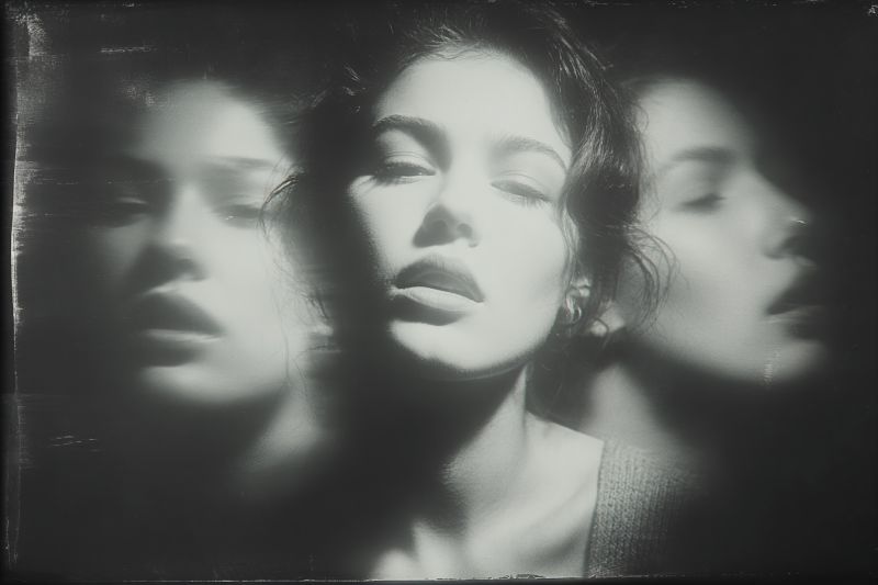 Beaute yeux oreille boucle ombre reflet texture peau expression humeur Visage d'une femme en noir et blanc, les yeux fermés et la bouche légèrement ouverte, créant une expression sereine et contemplative. Son visage est légèrement flou, donnant l'impression de mouvement ou d'expositions multiples. Le fond est sombre, mettant davantage l'accent sur son visage. Les cheveux de la femme sont coiffés en ondes lâches, et elle semble porter un haut de couleur claire. L'ambiance générale de l'image est calme et introspective.