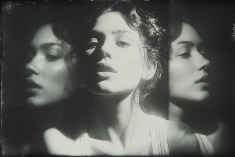 Beaute elegant classique vintage retro morose dramatique expression emotion ombre Une photographie en noir et blanc présente trois images superposées du visage d'une femme. L'image centrale est la plus définie, montrant une femme les yeux fermés et un léger sourire, les cheveux légèrement ébouriffés. L'image de gauche est légèrement floue et plus sombre, tandis que l'image de droite est également floue mais légèrement plus claire. Le visage de la femme est éclairé de face, projetant des ombres qui ajoutent de la profondeur à la photographie. Le fond est sombre, mettant en valeur le visage de la femme.