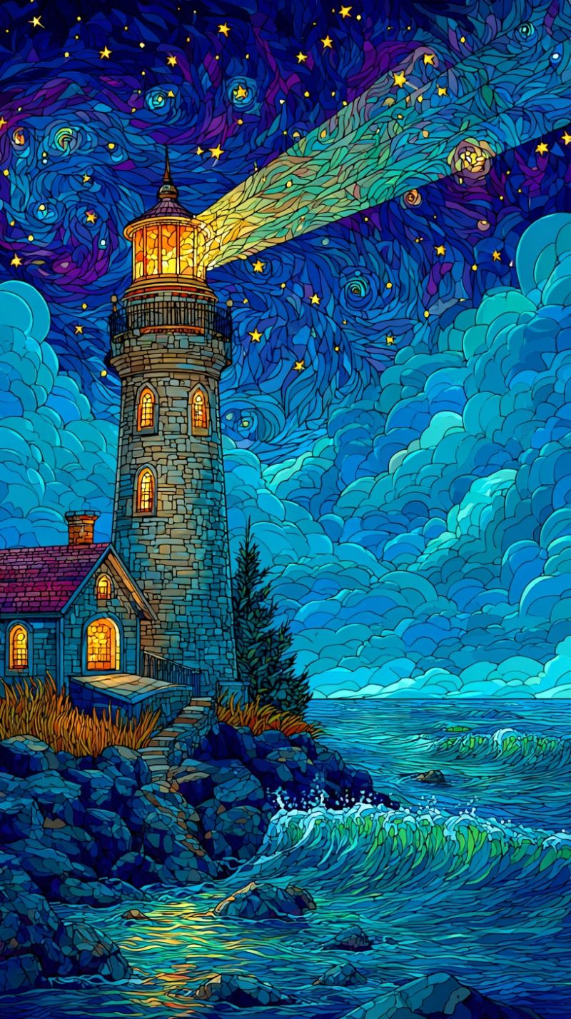 Phare nuit ciel etoiles nuages ocean vagues rochers maison fenetres escaliers arbres mosaique fantaisie onirique Un phare se dresse sur une falaise rocheuse, sa lumière s'élevant brillamment dans le ciel nocturne. Le phare est construit avec des murs en pierre et comporte un escalier en colimaçon menant au sommet. La lumière du phare crée un rayon vibrant qui s'étend à travers le ciel, illuminant la nuit. Le ciel est d'un bleu profond, orné de motifs tourbillonnants et d'étoiles. Sous le phare, la mer est calme, avec de douces vagues léchant les rochers. La scène est encadrée par une petite maison au toit rouge, située près du phare. L'ambiance générale est sereine et magique, le phare se dressant comme un phare d'espoir et de guidance.