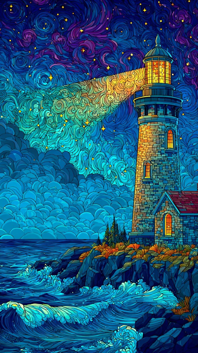 Phare nuit ciel etoiles nuages vagues ocean rochers fantaisie reveur mystique lumineux architecture Phare se dressant sur une falaise rocheuse surplombant l'océan. Le phare est construit avec une tour cylindrique et une salle des lanternes en forme de dôme au sommet, émettant un rayon de lumière brillante qui perce le ciel nocturne. Le ciel est d'un bleu profond, orné de motifs tourbillonnants de violet et de jaune, ressemblant à une nuit étoilée. L'océan en contrebas est d'un bleu profond, avec des vagues s'écrasant contre les rochers à la base de la falaise. Au premier plan se trouve une petite maison avec un toit rouge, nichée à côté du phare. Toute la scène est baignée d'une lumière chaude et dorée, créant une atmosphère sereine et magique.
