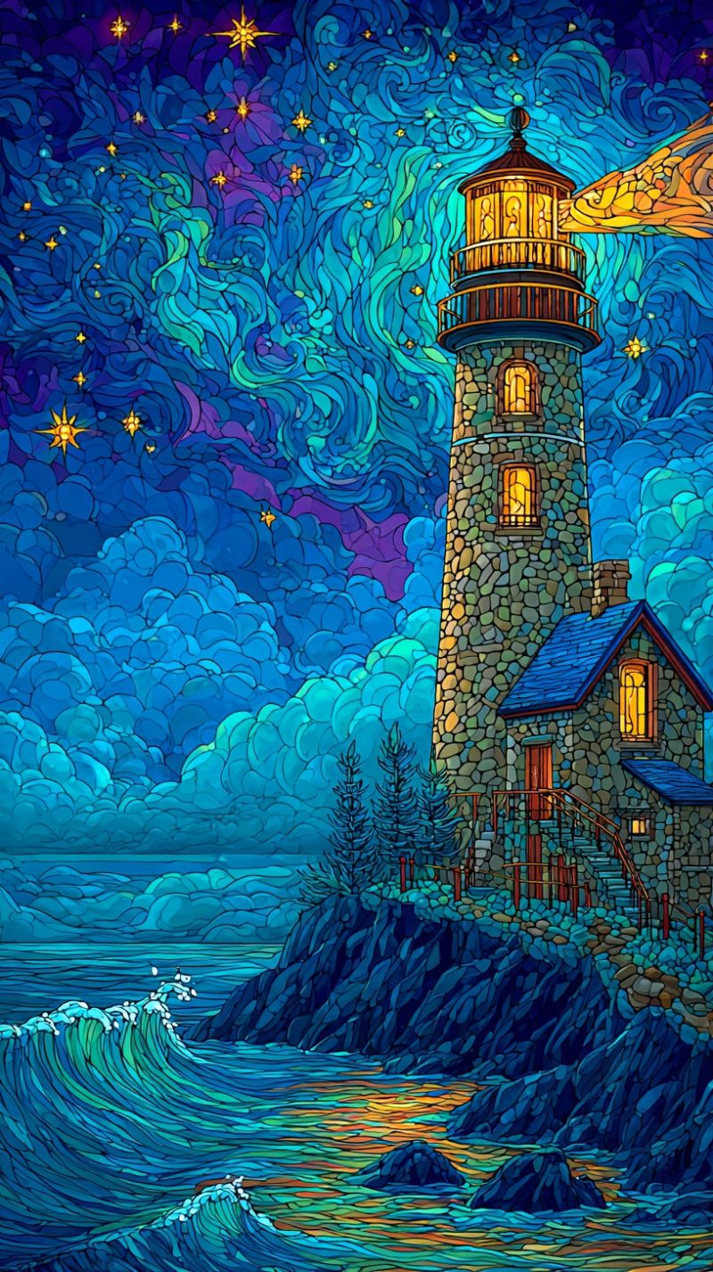 Phare nuit ciel etoiles vagues maison mosaique mer falaise arbres cloture escaliers fenetres faisceau reflet Phare se dressant sur une falaise rocheuse, illuminé contre un ciel nocturne rempli d'étoiles. Le phare est construit en pierre et a une forme cylindrique avec une lanterne en haut. La lanterne est éclairée de façon brillante, projetant une lueur chaude qui contraste avec les bleus et les violets frais du ciel nocturne. Le ciel est une mosaïque de bleus, violets et verts tourbillonnants, ressemblant à une nuit étoilée avec une touche de nébuleuse. Le phare est accompagné d'une petite maison en pierre avec un toit bleu, située au bord de la falaise. La maison a quelques fenêtres, dont l'une est également éclairée, suggérant une activité à l'intérieur. L'avant-plan montre un plan d'eau avec des vagues s'écrasant contre les rochers, ajoutant un sentiment de mouvement et d'énergie à la scène. L'ambiance générale est sereine et tranquille, avec le phare se dressant comme un phare d'espoir et de guidance.