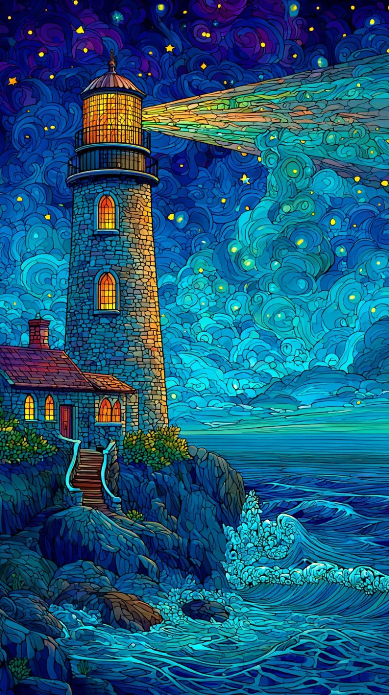 Lighthouse night sky stars waves ocean rocks building stairs painting fantasy dream imagination colorful mosaic A lighthouse stands tall on a rocky cliff overlooking the ocean at night. The lighthouse has a cylindrical tower with a round lantern room at the top, emitting a bright beam of light that pierces through the dark sky. The sky is a deep blue, adorned with swirling patterns and stars. The ocean below is a deep blue, with waves crashing against the rocks. The lighthouse keeper's house is situated at the base of the lighthouse, with a staircase leading up to the entrance. The scene is illuminated by the warm glow of the lighthouse and the stars.