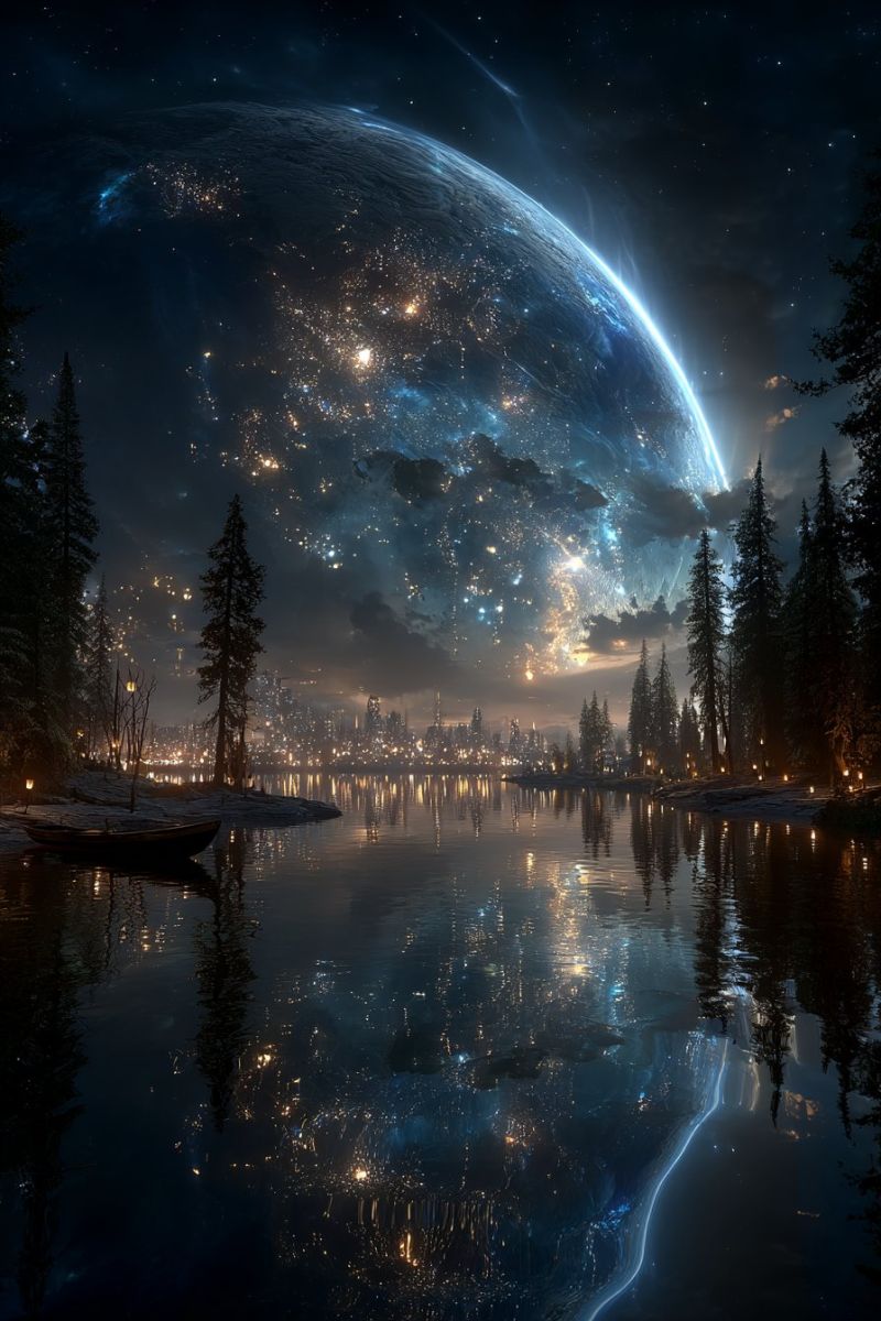Nuit ciel lac eau reflet arbres ville planete etoiles nuages foret montagnes bateau coucher soleil soiree obscurite atmosphere nature Scène de nuit sereine avec une grande planète dans le ciel, éclairée d'une douce lumière bleue. La planète est entourée d'un halo d'étoiles et d'une faible aurore. Sous la planète, un lac tranquille reflète les corps célestes et les arbres environnants. Les arbres sont des conifères, se dressant hauts et sombres contre le ciel nocturne. Sur le côté gauche du lac, un petit bateau est amarré, et quelques lanternes sont allumées, projetant une lueur chaleureuse. Au loin, une ville est visible, avec ses lumières scintillant comme des étoiles. Le ciel est d'un bleu profond, parsemé d'étoiles, et la scène générale est paisible et irréelle.