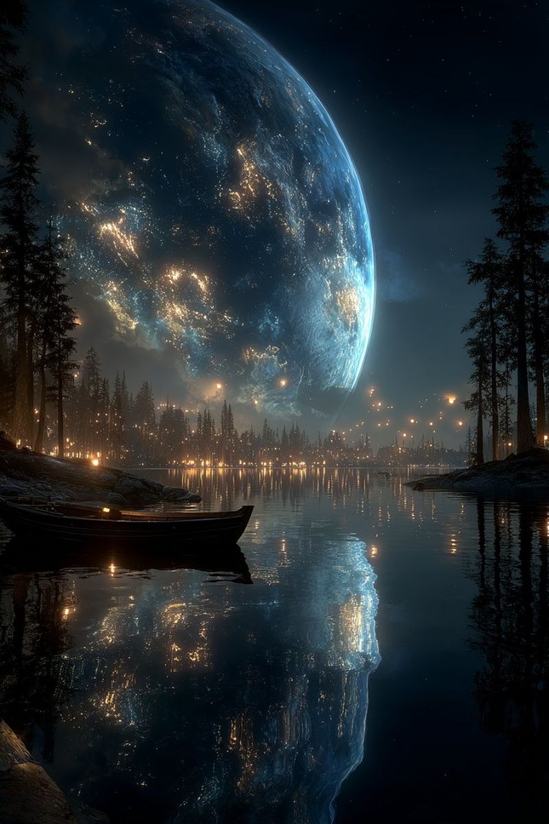 Lac eau reflet nuit ciel arbres foret planete espace univers etoiles ville bourg batiments feux artifice bateau canoe Une scène de nuit sereine présente une grande planète dans le ciel, éclatante avec un mélange de teintes bleues et jaunes, entourée d'un ciel sombre et étoilé. Le reflet de la planète scintille sur l'eau calme et sombre d'un lac. À gauche, un petit bateau est ancré près du rivage, avec quelques arbres et une berge rocheuse. Les arbres sont en silhouette contre la planète lumineuse, et l'eau est calme, reflétant les lumières des arbres et du bateau. Au loin, une petite ville ou un village est visible, avec des lumières qui scintillent dans la nuit.
