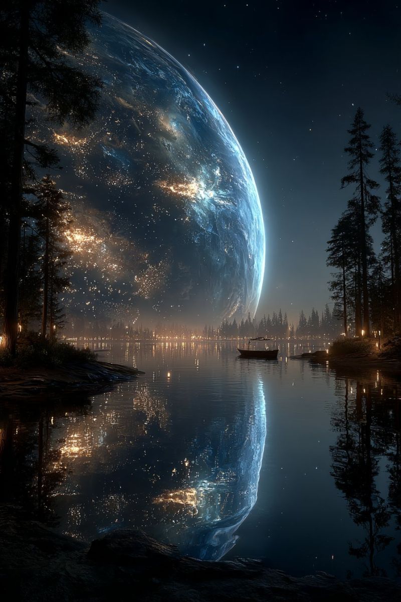 Nuit lac eau reflet ciel arbres foret planete espace terre obscurite beaute nature atmosphere environnement Un lac serein est dépeint sous un ciel nocturne sombre et étoilé. Le lac est calme, reflétant la vaste planète lumineuse au-dessus de lui. La planète est d'un bleu profond, avec des touches de vert et de blanc, et elle semble flotter dans le ciel. Le reflet de la planète et des arbres sur le rivage sont parfaitement miroités à la surface du lac. Sur le côté gauche du lac, il y a plusieurs grands arbres, leurs branches s'étendant comme des bras. Un petit bateau flotte doucement sur le lac, ajoutant à la scène tranquille. Le ciel est parsemé d'étoiles, et il y a quelques petites lumières sur le rivage, provenant peut-être d'une ville ou d'un campement voisin. L'atmosphère générale est paisible et irréelle.