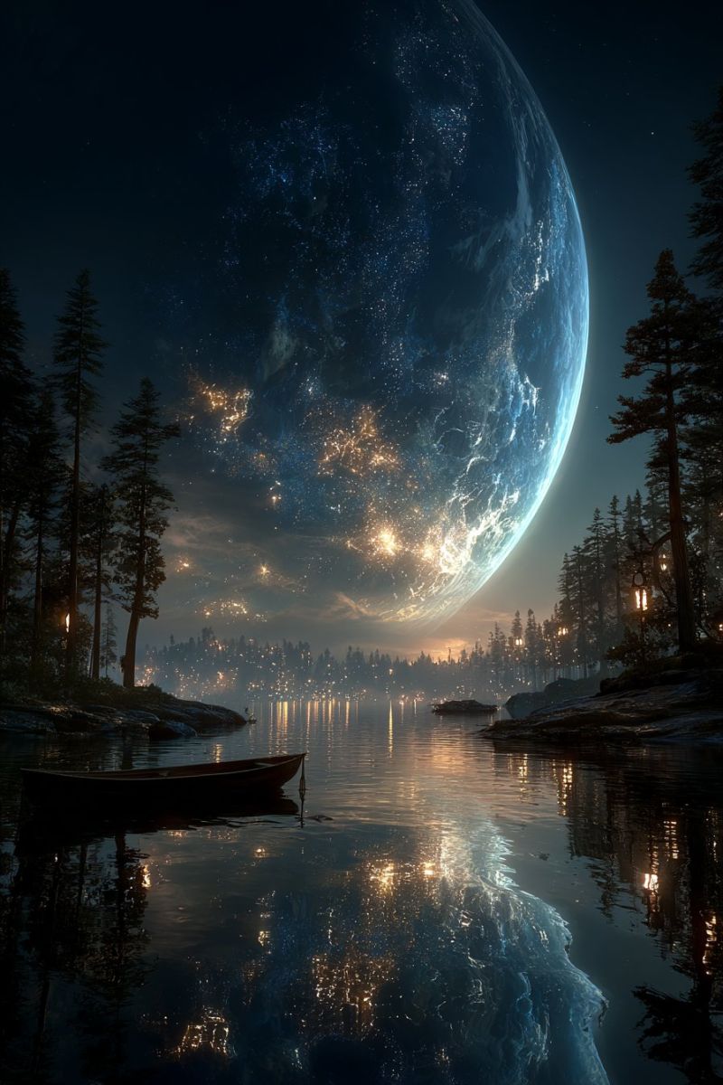Night lake water reflection boat trees sky planet stars forest dark space universe earth astronomy celestial cosmic outer A serene night scene features a large planet in the sky, glowing with a soft, ethereal light. The planet is surrounded by a scattering of stars, creating a magical atmosphere. Below, a tranquil lake reflects the celestial bodies, with a small boat gently floating on the water. The shoreline is lined with tall, dark trees, their silhouettes adding to the mysterious ambiance. In the distance, a few small lights twinkle, possibly from a distant village or campsite. The overall scene is peaceful and otherworldly, evoking a sense of wonder and tranquility.