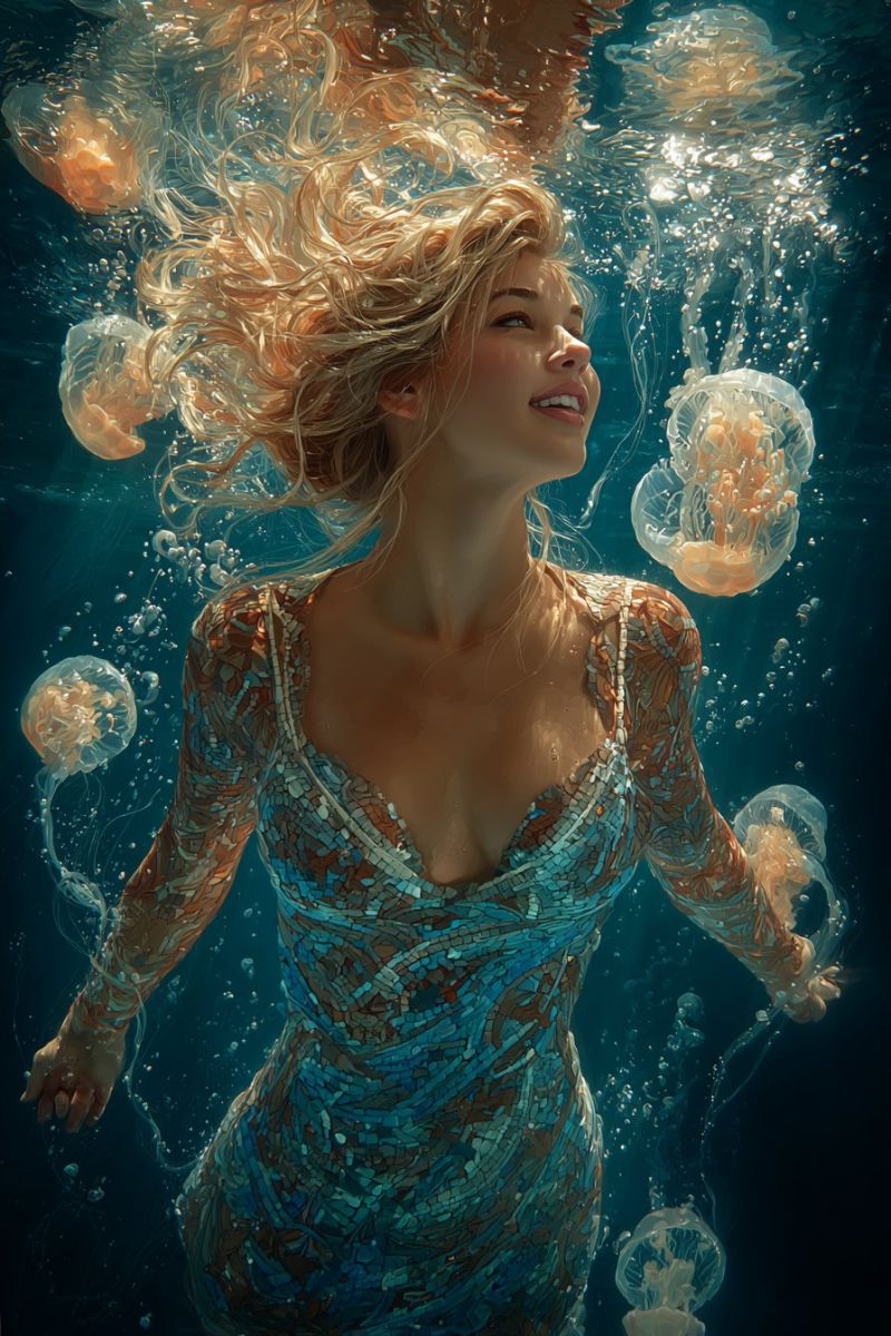 Underwater woman swimming dress painting fantasy ocean sea jellyfish bubbles smile eyes water beauty A woman with long, wavy blonde hair is swimming underwater, wearing a blue, mosaic-patterned dress that covers her from shoulders to knees. She is looking up with a smile, and her hair is floating around her head. The water is clear, and there are several jellyfish floating around her, some of which are close to her face. The background is dark blue, and there are bubbles in the water.