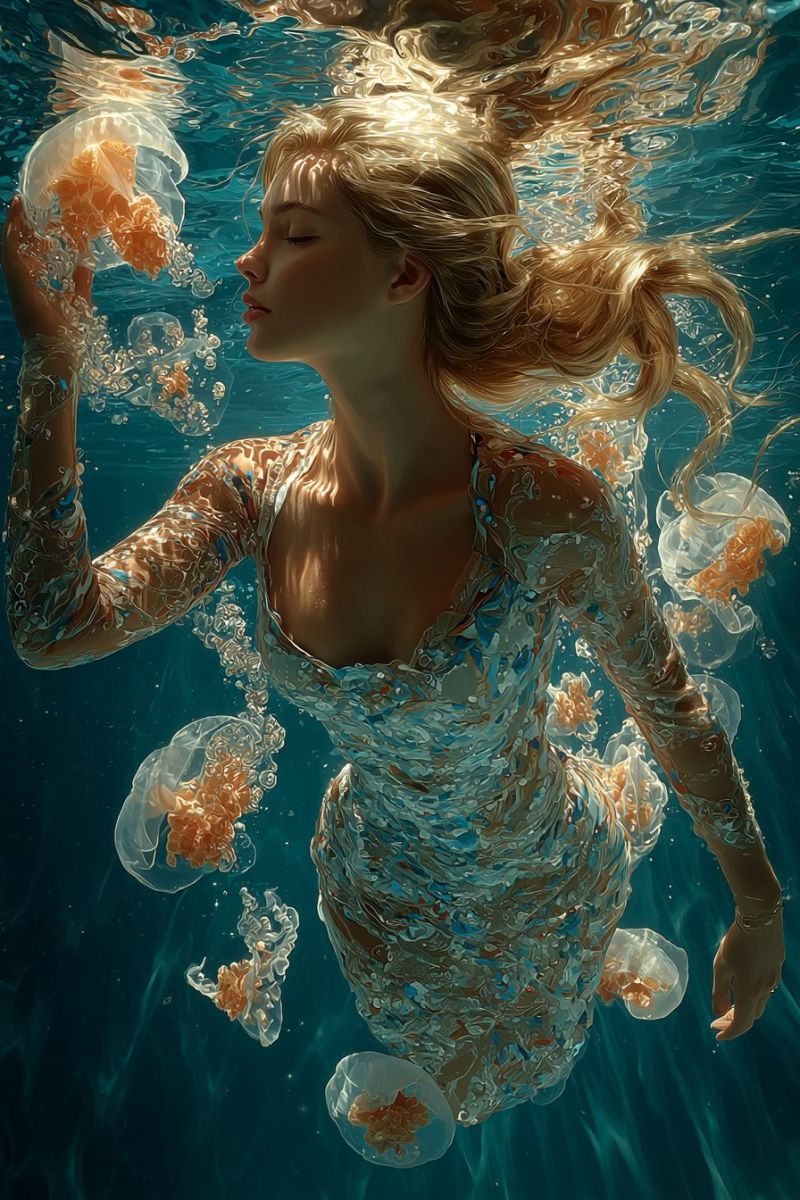 Underwater woman swimming jellyfish dress blonde ocean sea fantasy beauty water hand eye bubble A woman with long blonde hair is swimming underwater, wearing a shimmering blue dress that appears to be made of water. She is holding a jellyfish with orange and white colors in her right hand. The water around her is clear and blue, with bubbles and jellyfish floating around her. The woman's hair is flowing in the water, and her eyes are closed, giving the impression of a serene and peaceful moment.