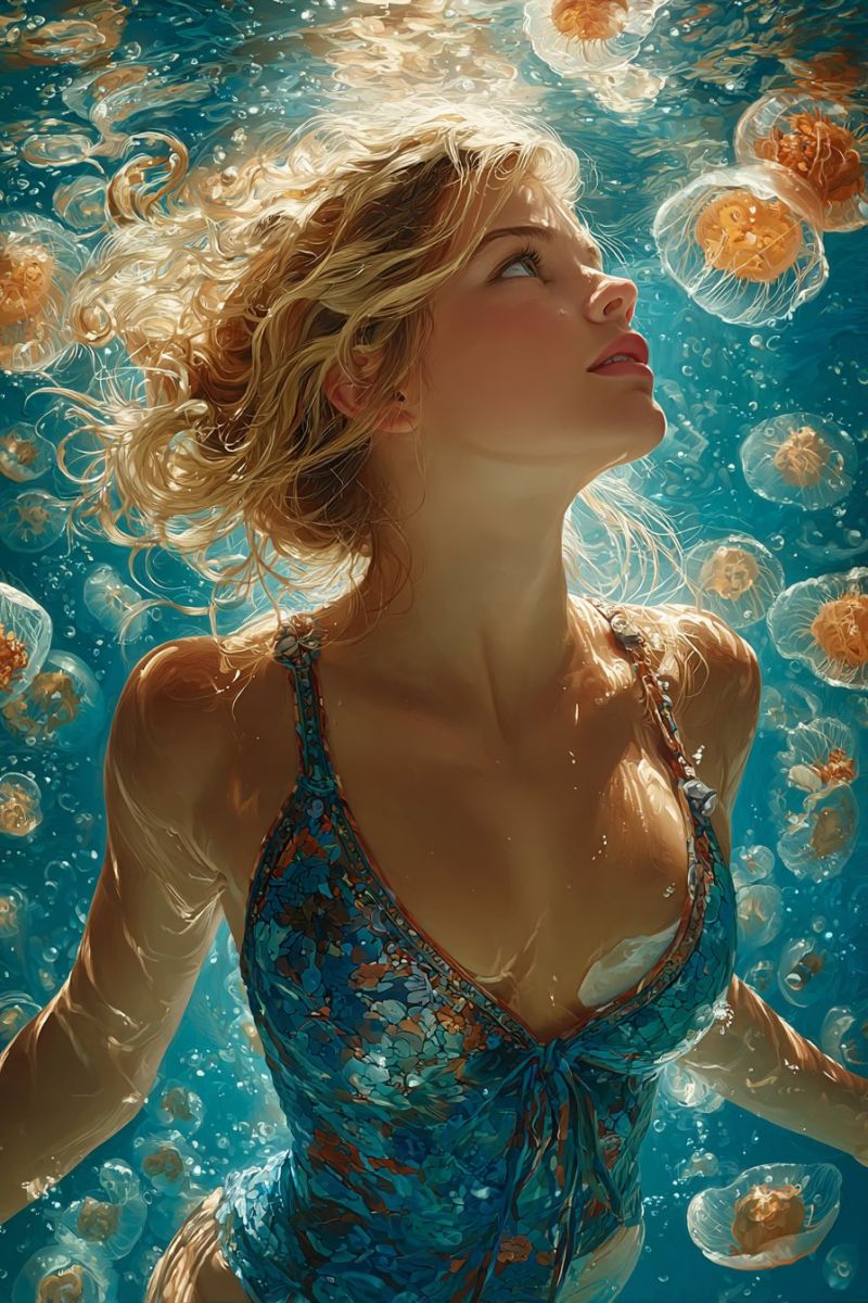 Underwater woman swimsuit blonde blue water jellyfish ocean painting fantasy dreamlike surreal beauty nature texture woman submerged in water, likely in a swimming pool or ocean. She has long, wavy blonde hair that floats around her face. She is wearing a blue and multicolored swimsuit with a halter neckline. Her arms are extended outwards, and her body is slightly turned to the side. The water around her is clear, with bubbles and jellyfish floating in it. The background is a deep blue color, and the overall scene has a dreamy, ethereal quality.