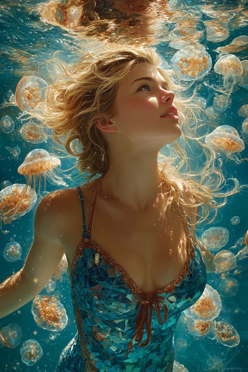 Sous marin femme nage meduse ocean fantaisie beaute eau mer legerete onirique ethere mystique magique Une femme aux cheveux blonds nage sous l'eau, portant un haut de bikini bleu et brun avec un ruban brun. Elle regarde vers le haut, et ses cheveux flottent autour d'elle. L'eau est claire, et il y a des méduses flottant autour d'elle. Les méduses ont une couleur brun-orange et un corps transparent. L'eau est bleue, et il y a des bulles dans l'eau.