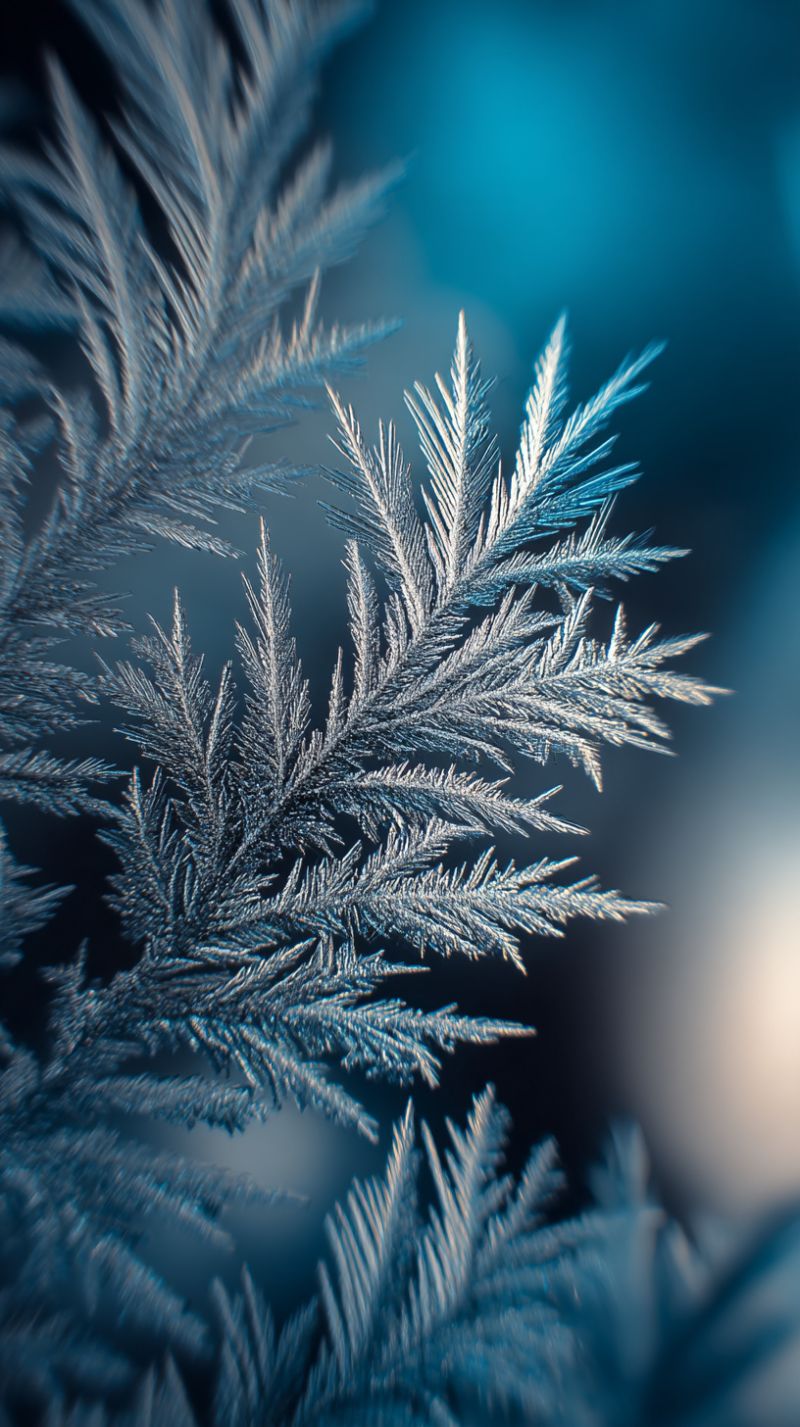 Ice frost pattern texture cold winter snowflake crystal nature blurry blue design decorations A close-up view of a leaf covered in intricate, delicate ice crystals. The ice forms a complex, branching pattern that resembles a snowflake, with each branch and twig having its own unique shape. The ice crystals are a mix of white and blue hues, reflecting light in a way that gives them a shimmering, almost ethereal appearance. The background is a soft, blurred blue, suggesting a wintery atmosphere.
