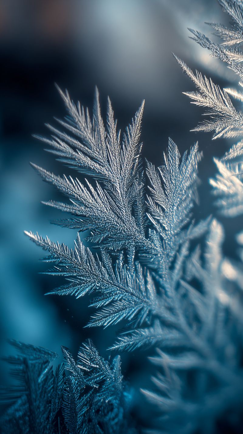 Ice frost pattern texture cold winter snowflake nature blue beauty weather crystals formation A close-up view of intricate, delicate ice crystals forming a pattern that resembles a leaf or snowflake. The ice crystals are transparent with a bluish tint, and they have a complex, branching structure with sharp, pointed tips. The background is a soft, blurred blue, possibly indicating a cold, wintry environment. The image captures the beauty and fragility of ice formations, showcasing the natural artistry of frozen water.