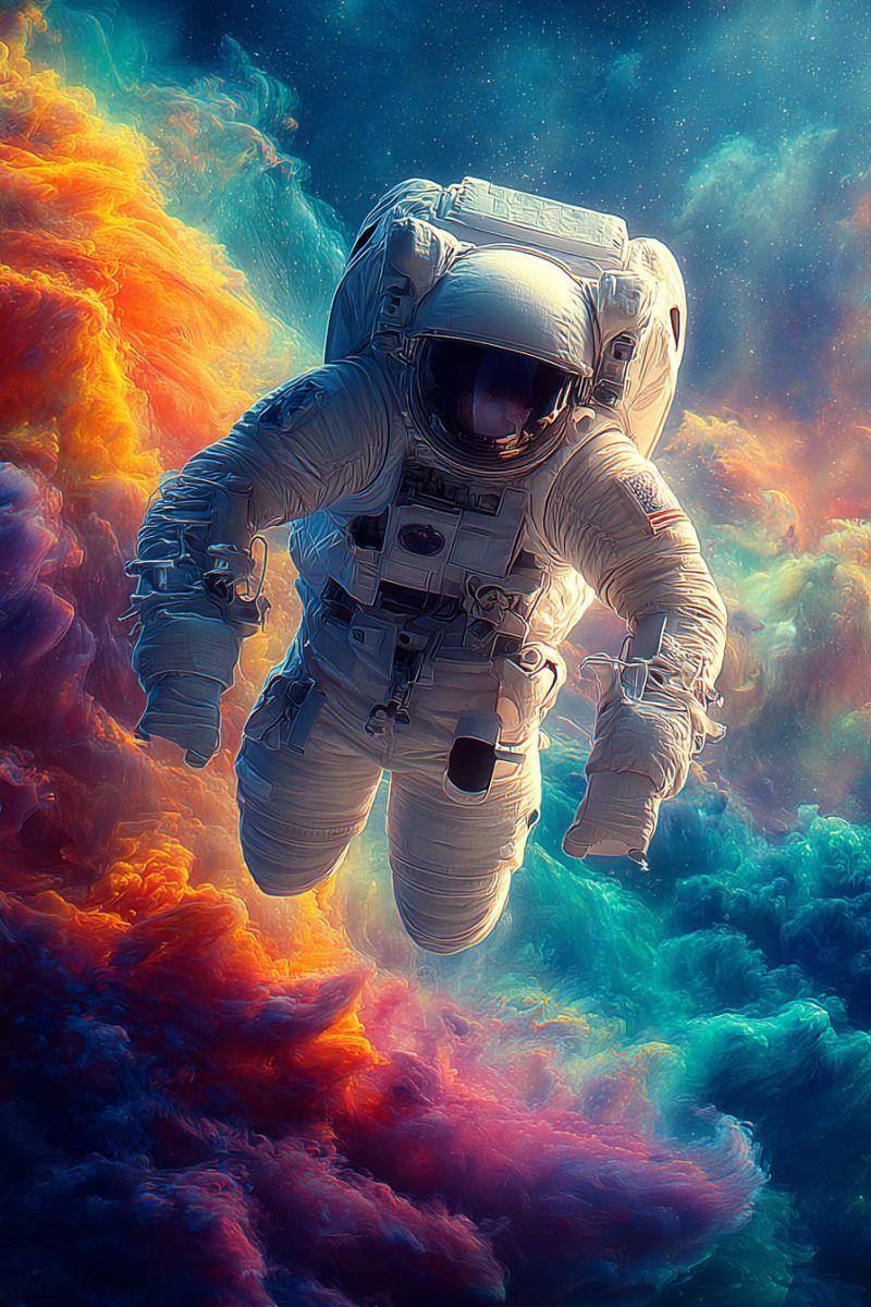Astronaute casque combinaison spatiale cosmonaute vaisseau spatial sortie espace voyage exploration mission station agence programme technologie avent Un astronaute flotte dans l'espace, portant une combinaison spatiale blanche avec un casque. La combinaison a une plaque pectorale noire avec un emblème de drapeau et un écusson blanc sur l'épaule droite. Les gants de l'astronaute sont blancs, et la combinaison a une ceinture noire avec une caméra attachée. L'arrière-plan est un mélange vibrant de couleurs orange, rose et bleu, ressemblant à une nébuleuse ou un nuage coloré. L'astronaute semble être dans un état d'impesanteur, avec son corps légèrement incliné vers la droite.