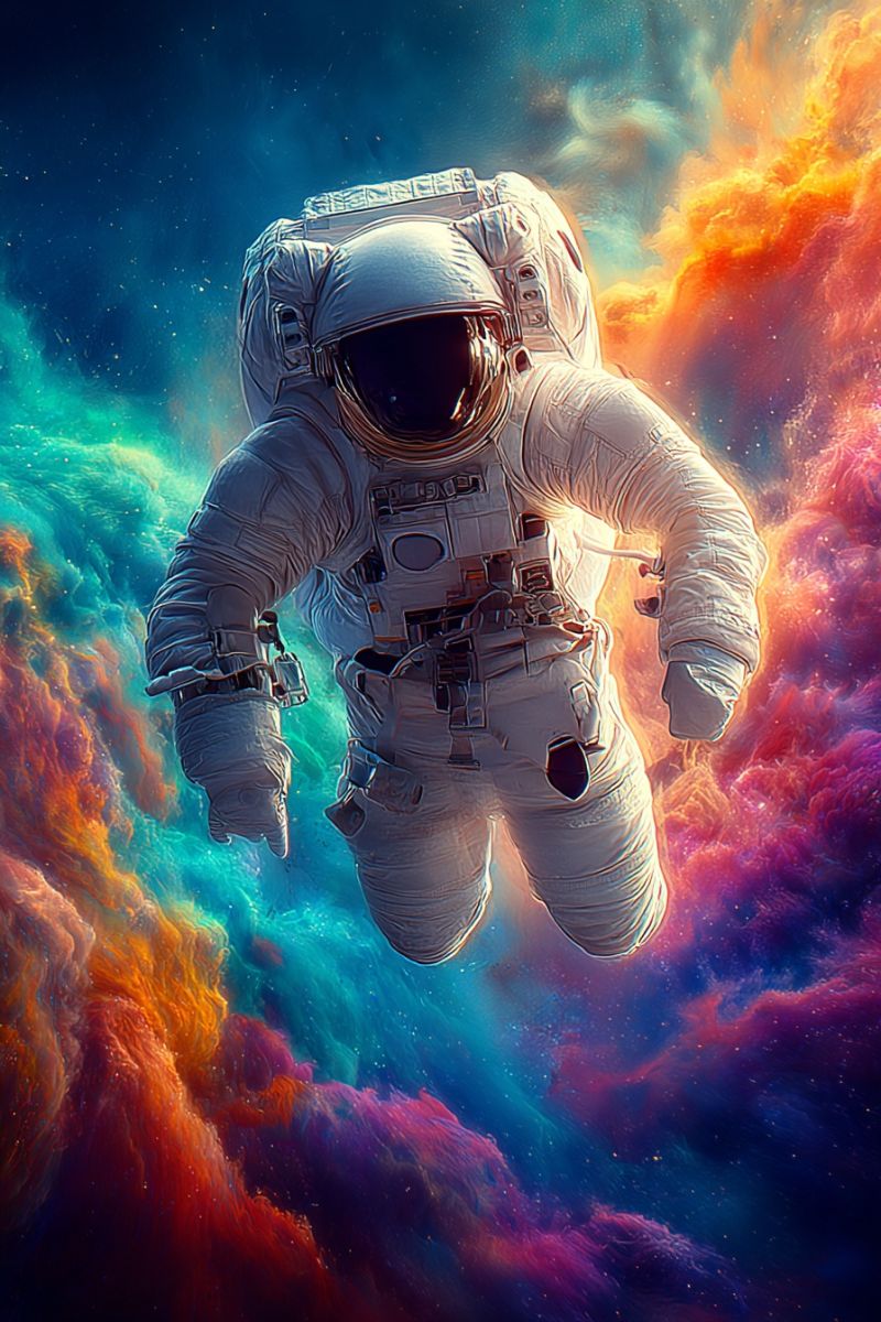 Astronaute casque combinaison spatiale vaisseau spatial cosmique galaxie nebuleuse etoile univers exploration science technologie aventure imagination Un astronaute flotte dans l'espace, portant une combinaison spatiale blanche avec un grand casque réfléchissant. La combinaison dispose d'un système de support de vie sur le dos et de divers outils et gadgets attachés à la poitrine et aux bras. Les gants de l'astronaute sont blancs, et ses bottes sont noires. L'arrière-plan est un mélange vibrant de couleurs, notamment bleu, orange et violet, avec des motifs tourbillonnants qui ressemblent à des nuages ou des nébuleuses. L'astronaute semble être dans un état d'impesanteur, son corps flottant librement dans la vaste étendue de l'espace.