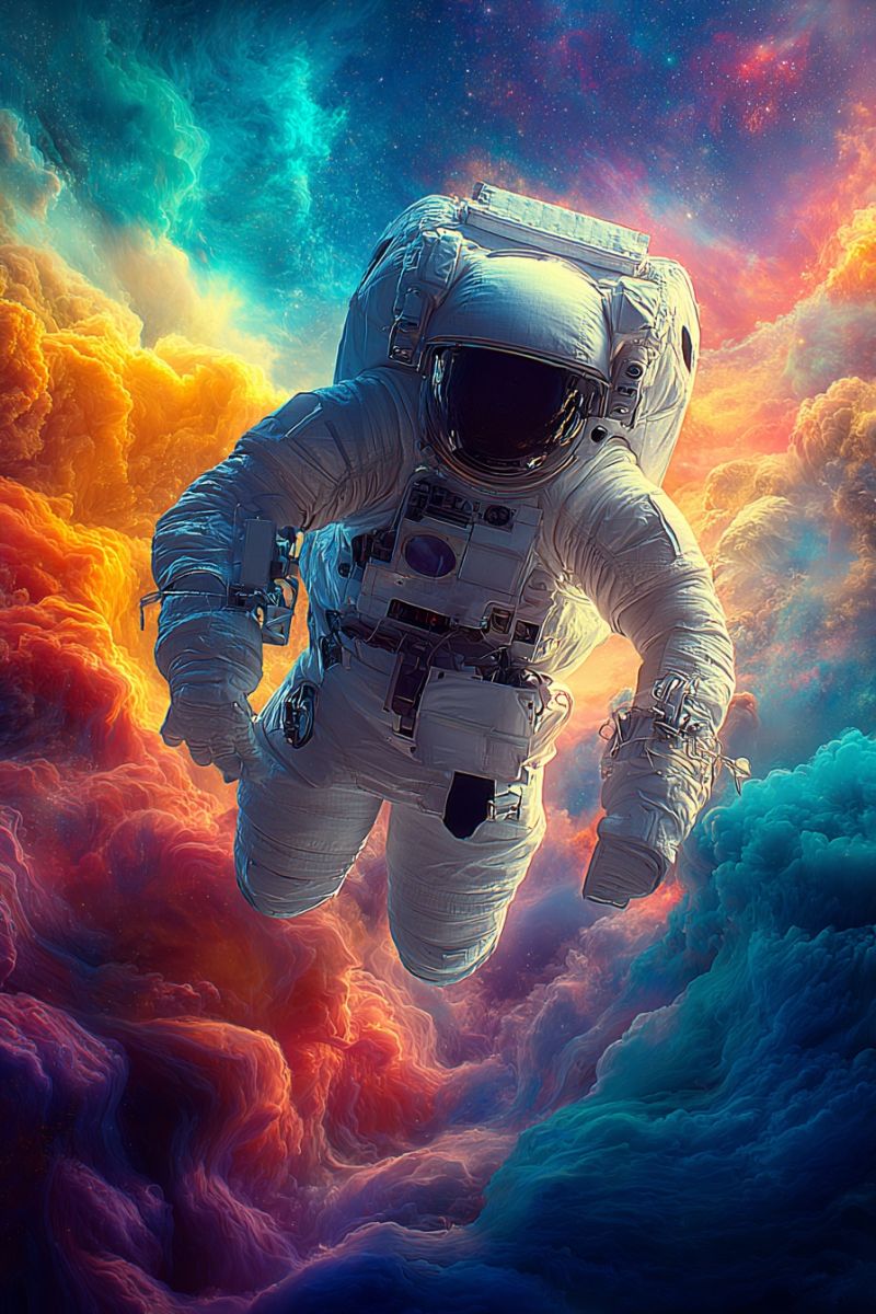 Astronaute casque combinaison spatiale flottant cosmos exploration galaxie etoile nebuleuse univers vaisseau spatial mission astronomie cosmique voyag Un astronaute flotte dans l'espace, portant une combinaison spatiale blanche avec un casque argenté. La combinaison a un sac à dos et divers outils et gadgets attachés. Les gants de l'astronaute sont blancs, et ils tiennent un petit objet. L'arrière-plan est un mélange vibrant de couleurs rouges, orange et bleues, ressemblant à une nébuleuse ou une formation de nuages. L'astronaute semble être dans un état d'impesanteur, son corps flottant librement dans la vastitude de l'espace.