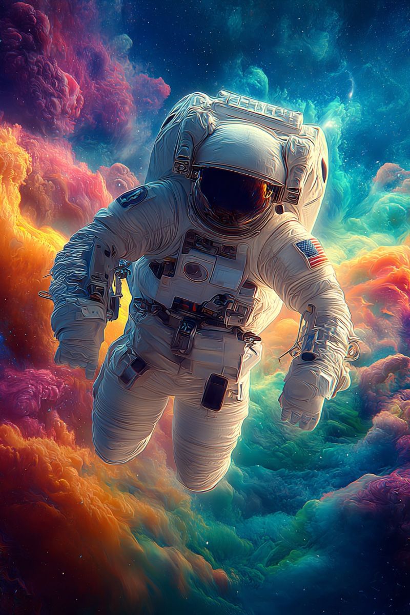 Space astronaut helmet spacesuit cosmos galaxy nebula star clouds universe exploration spacecraft spacewalk travel outer mission adventure technology An astronaut is floating in space wearing a white spacesuit with a helmet. The suit has a logo on the chest and a flag patch on the right arm. The astronaut's gloves and boots are white, and the helmet has a visor. The background is a colorful nebula with shades of blue, green, yellow, and orange. The astronaut appears to be in a weightless state, with their arms and legs spread out.
