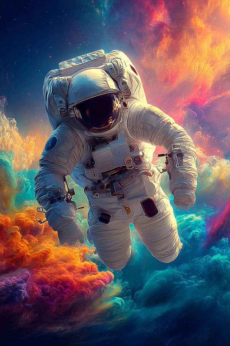 Space astronaut helmet spacesuit floating cosmos galaxy nebula star exploration spacecraft outer travel mission adventure technology science research An astronaut is floating in space, wearing a white spacesuit with a helmet. The suit has a black chest plate with a logo and various tools and gadgets attached. The astronaut's arms are extended outward, and they appear to be floating in a colorful, abstract background with swirling clouds in shades of blue, purple, orange, and yellow. The background also features a nebula with stars scattered throughout.