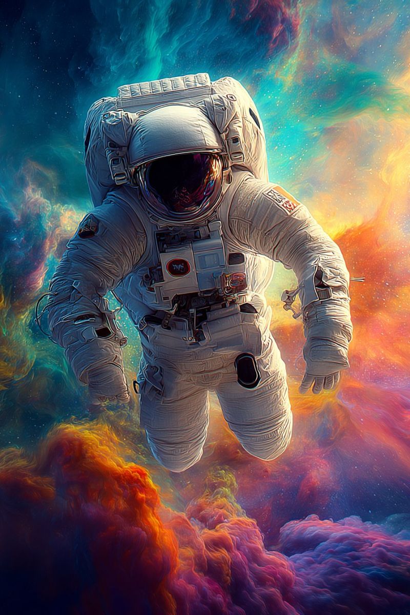 Astronaute casque combinaison spatiale flottant cosmos exploration galaxie nebuleuse vaisseau spatial sortie espace voyage mission station agence prog Un astronaute flotte dans l'espace portant une combinaison spatiale blanche avec un grand casque à visière. La combinaison a un écusson rouge sur l'épaule droite et un logo sur la poitrine gauche. Les gants de l'astronaute sont blancs, et la combinaison a plusieurs poches et sangles. L'arrière-plan est un mélange vibrant de couleurs bleues, orange et roses, ressemblant à une nébuleuse ou un nuage cosmique. L'astronaute semble être dans un état d'apesanteur, avec des étoiles et de la poussière cosmique dispersées autour.