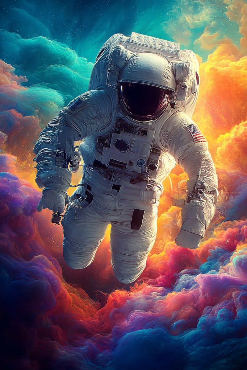 Astronaute casque combinaison spatiale nuages ciel vaisseau spatial exploration voyage mission aventure technologie science recherche programme Un astronaute flotte dans l'espace, portant une combinaison spatiale blanche avec un casque. La combinaison a un logo sur la poitrine et un drapeau sur le bras droit. L'astronaute tient un outil dans sa main droite. L'arrière-plan est un motif coloré semblable à des nuages avec des nuances de bleu, d'orange et de rose. L'astronaute semble être dans un état d'impesanteur, avec son corps flottant librement dans la vastitude de l'espace.