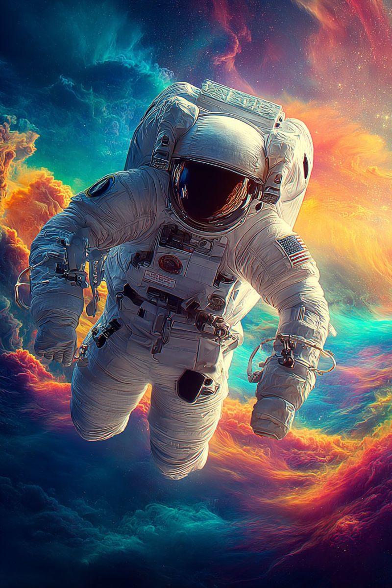 Space astronaut helmet spacesuit cosmos galaxy nebula star universe exploration spacecraft spacewalk travel outer mission adventure technology science An astronaut is floating in space, wearing a white spacesuit with a reflective visor. The suit has a black and white design, and the astronaut's arms are extended outward. The astronaut's helmet has a small American flag patch on the left shoulder. The background is a colorful nebula with shades of blue, orange, and pink. The astronaut appears to be in a state of weightlessness, with their body floating freely in the vastness of space.
